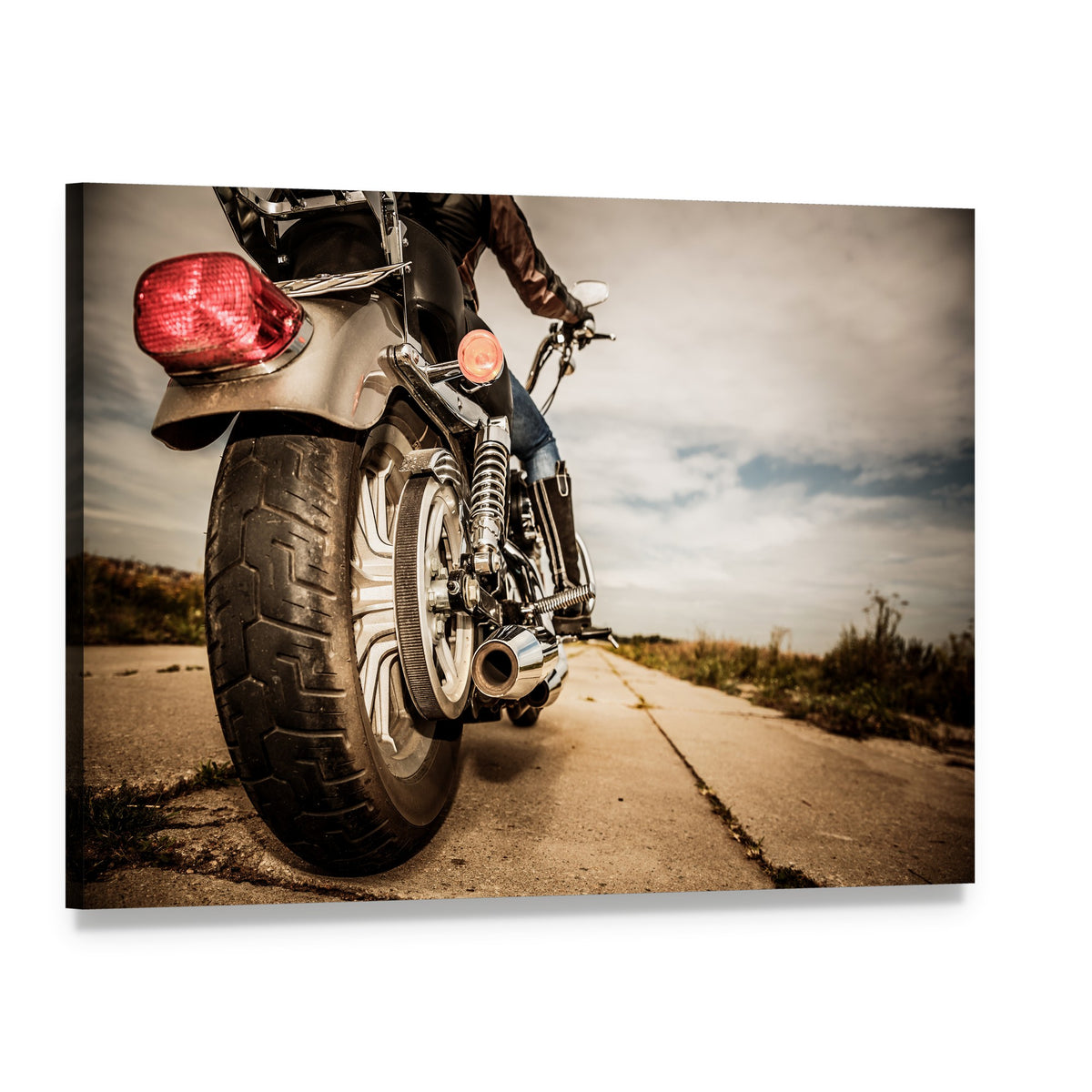 Motorcycle Rear View Canvas Wall Art, single panel gallery wrapped canvas, angled product view