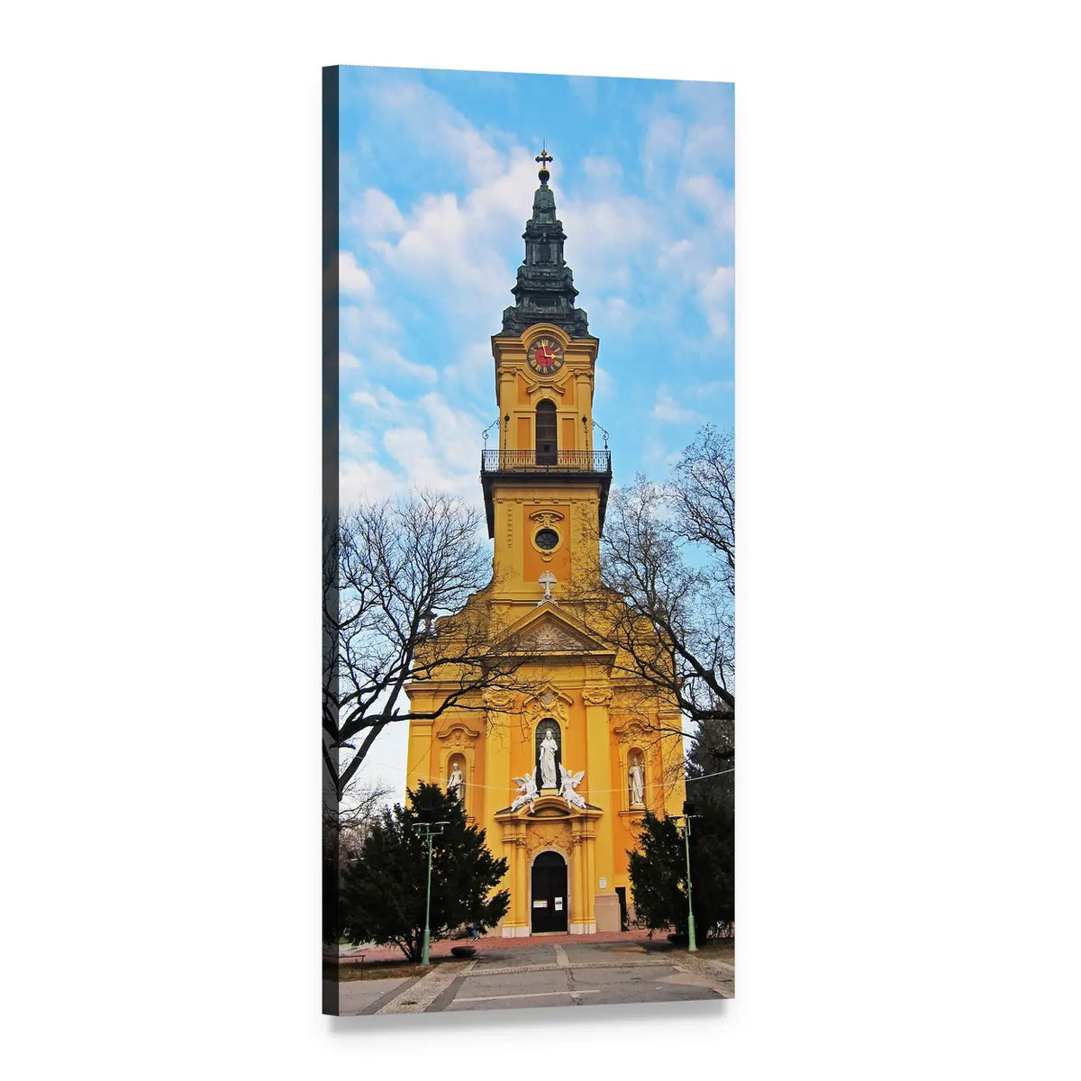 Church in Hungary with Clock Tower Vertical Canvas Wall Art, 1 panel 1 Vertical layout gallery wrapped canvas set, angled product view