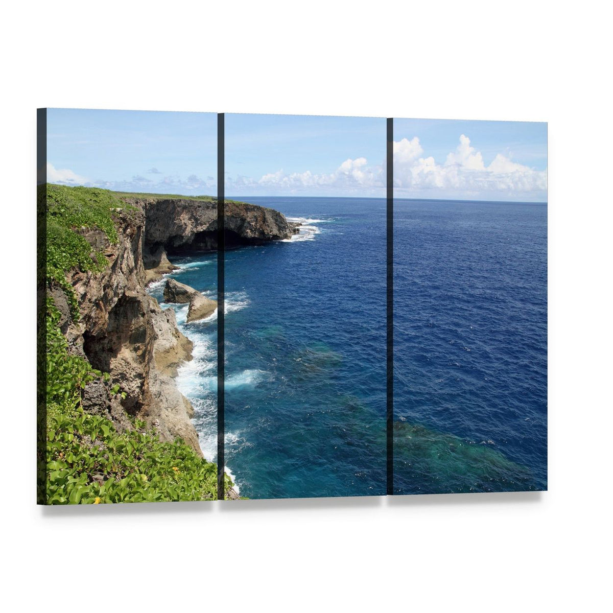 Banzai Cliff Coastal Seascape Canvas Wall Art, 3 panel 3 Horizontal layout gallery wrapped canvas set, angled product view
