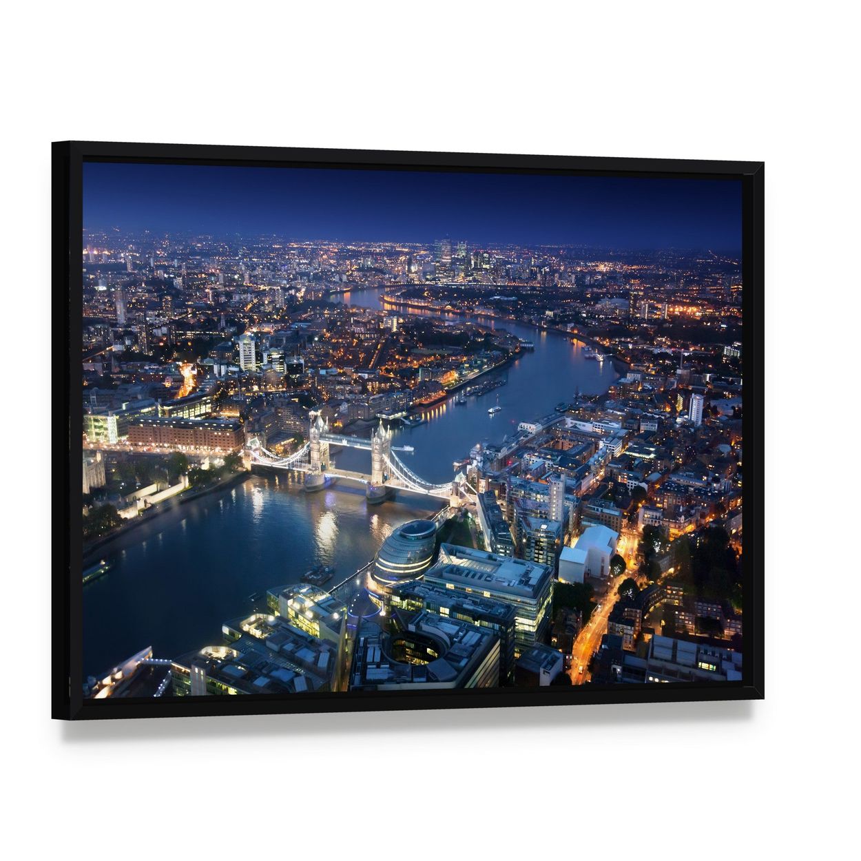 London Tower Bridge at Night Canvas Wall Art, framed canvas in a black floater frame, angled product view