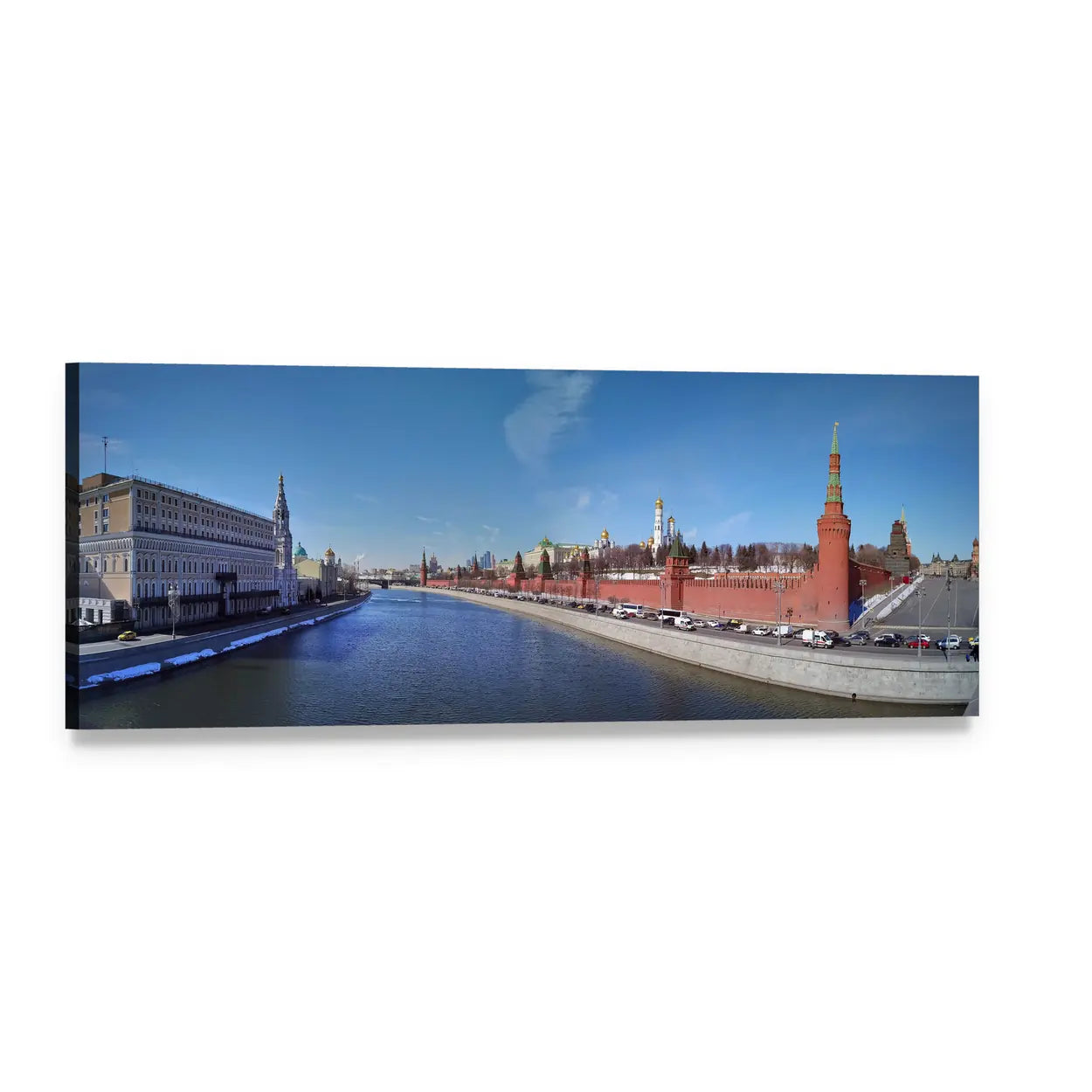 Moscow Kremlin on the Moscow River Panoramic Canvas Wall Art, single panel gallery wrapped canvas, angled product view
