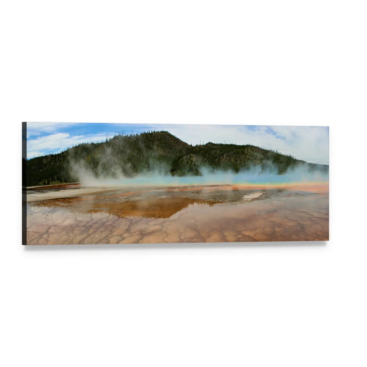 Geothermal Spring with Mountain Reflection Panoramic Canvas Wall Art, single panel gallery wrapped canvas, angled product view