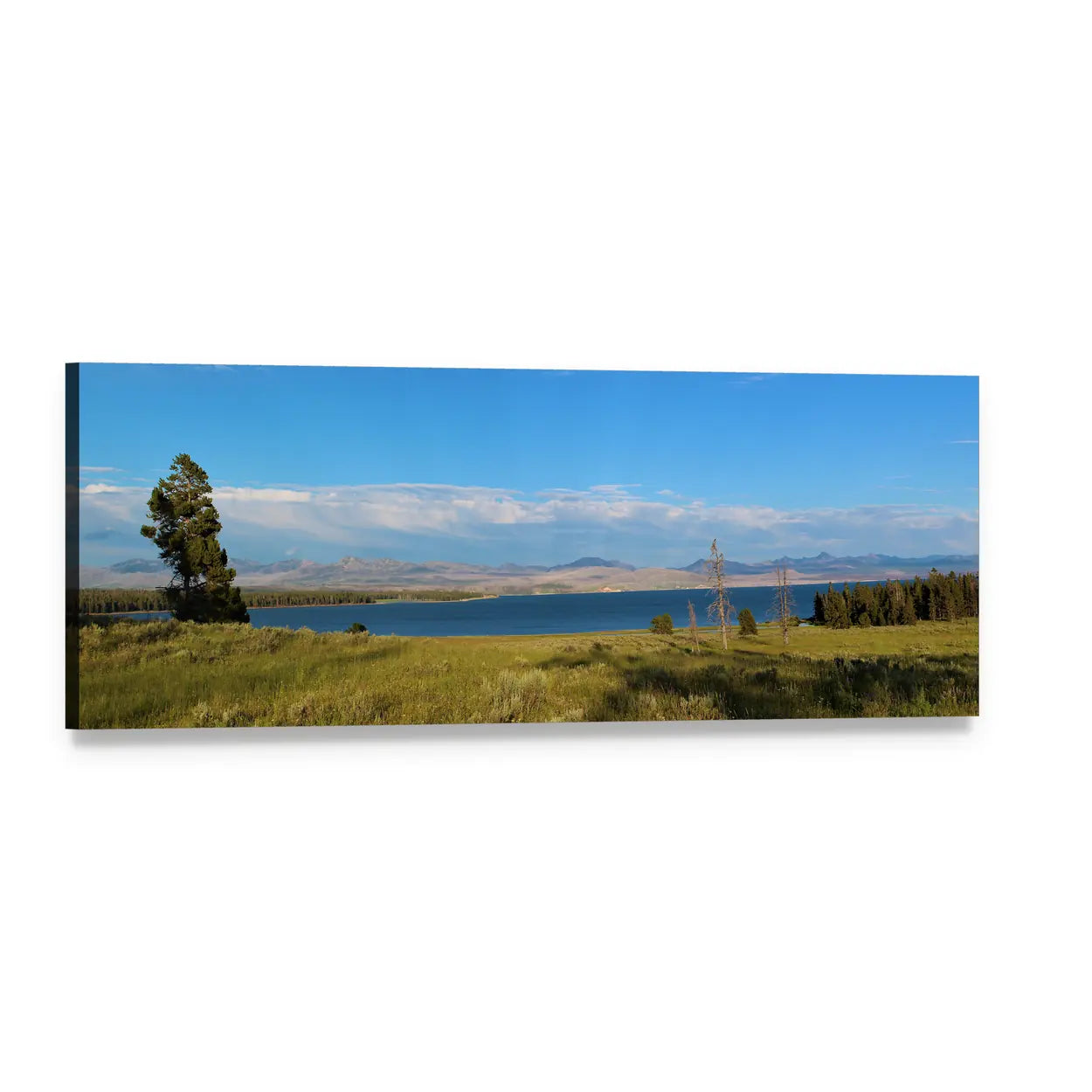 Yellowstone Lake Landscape Panoramic Canvas Wall Art, single panel gallery wrapped canvas, angled product view