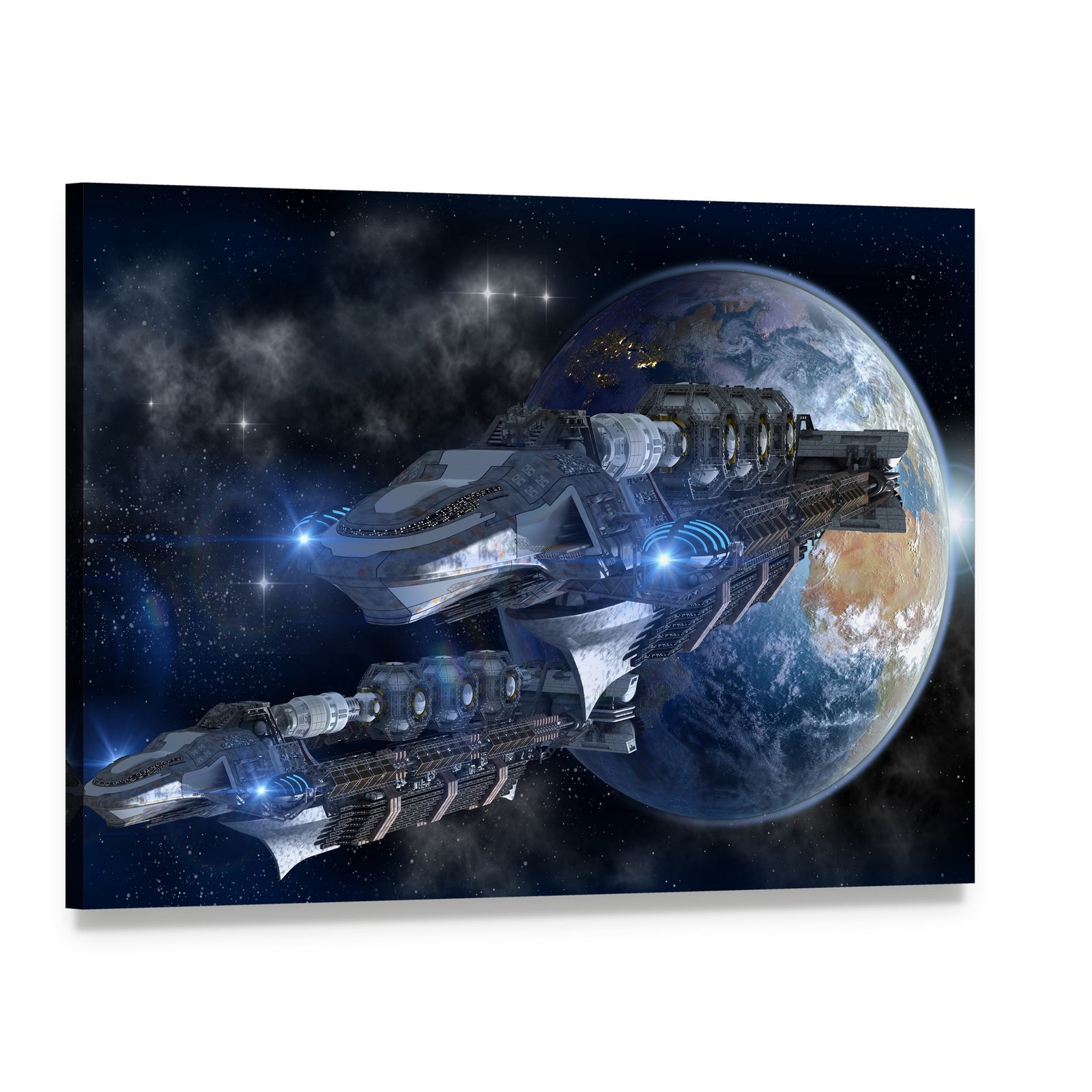 Spaceship Fleet Leaving Earth Canvas Wall Art, single panel gallery wrapped canvas, angled product view