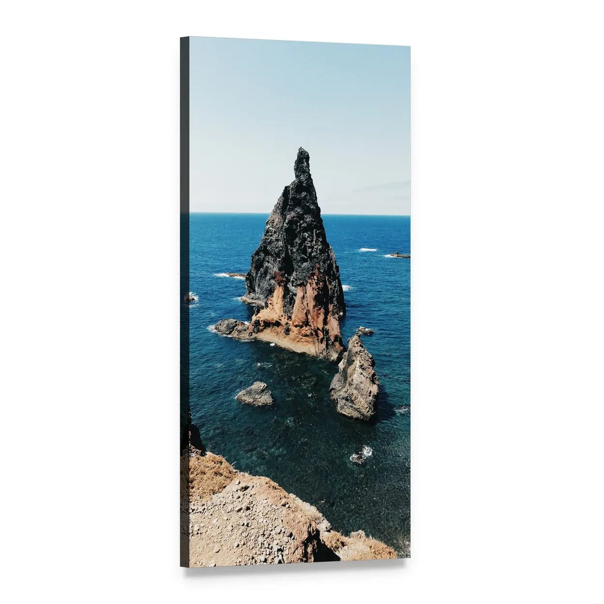 Jagged Sea Stack on Ocean Coast Vertical Canvas Wall Art, 1 panel 1 Vertical layout gallery wrapped canvas set, angled product view