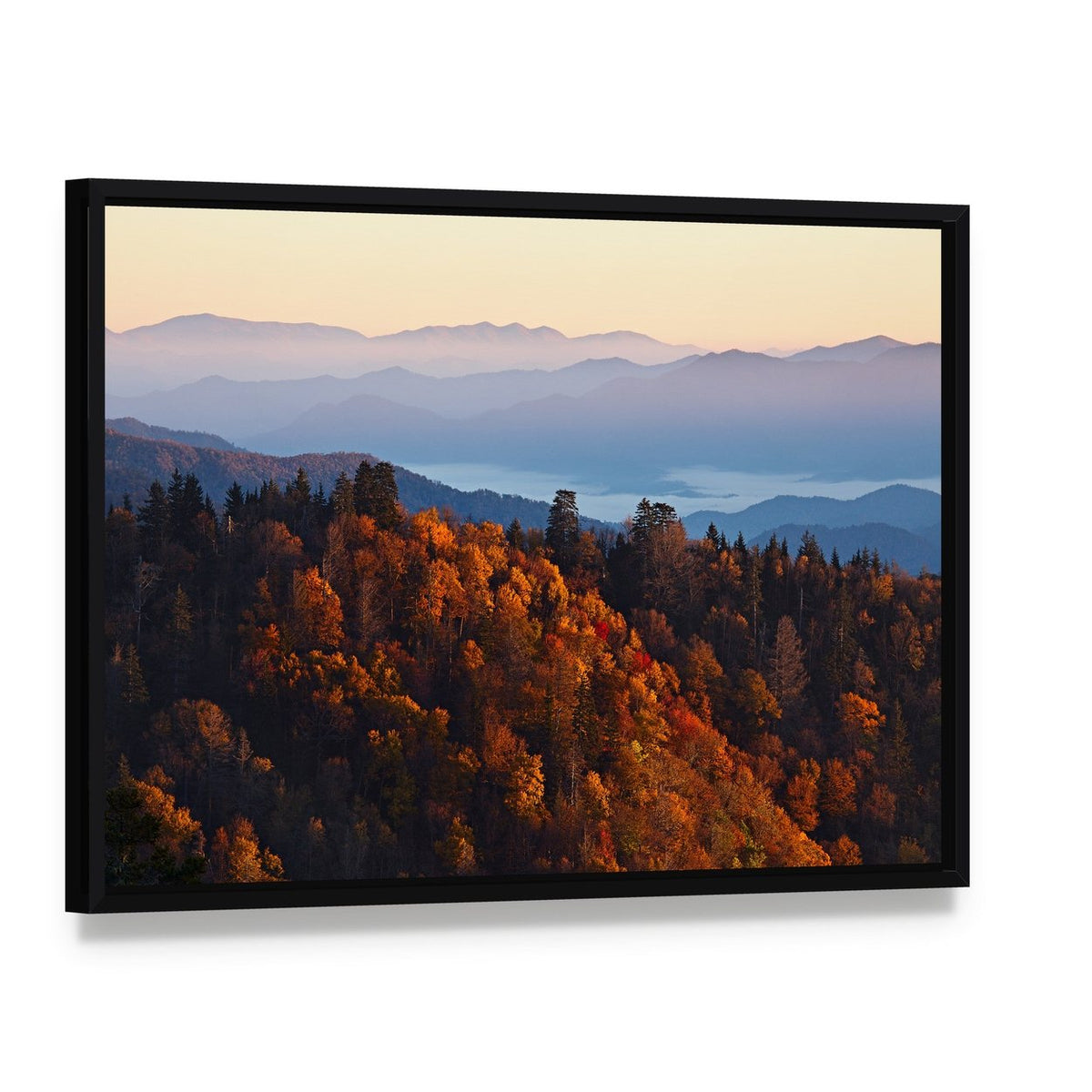 Sunrise Over Smoky Mountains Canvas Wall Art, framed canvas in a black floater frame, angled product view