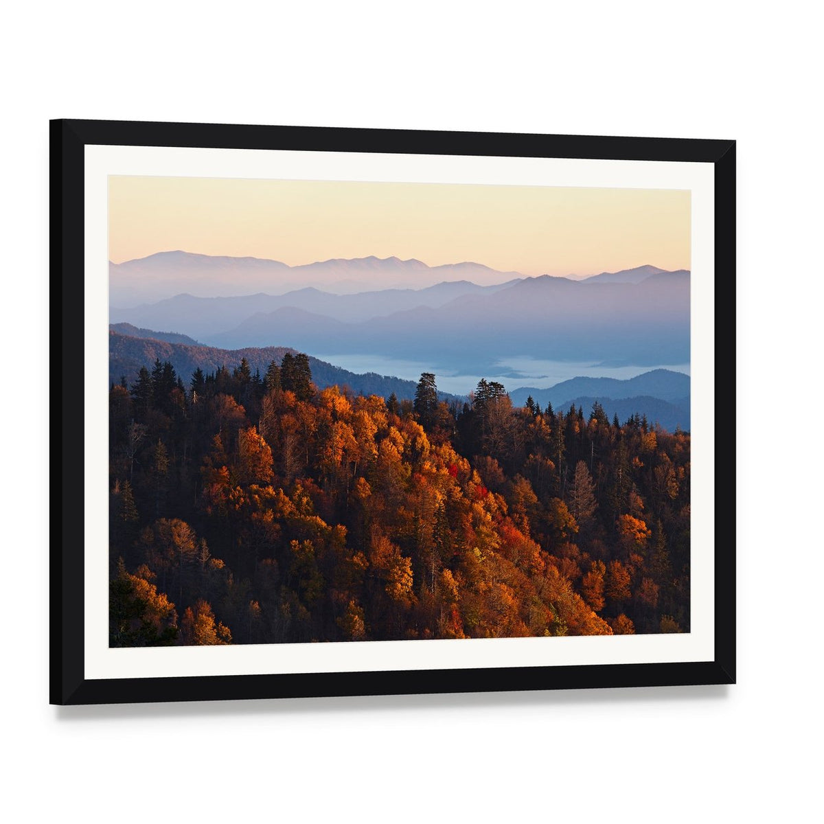 Sunrise Over Smoky Mountains Canvas Wall Art, framed print with white mat and black frame, angled product view
