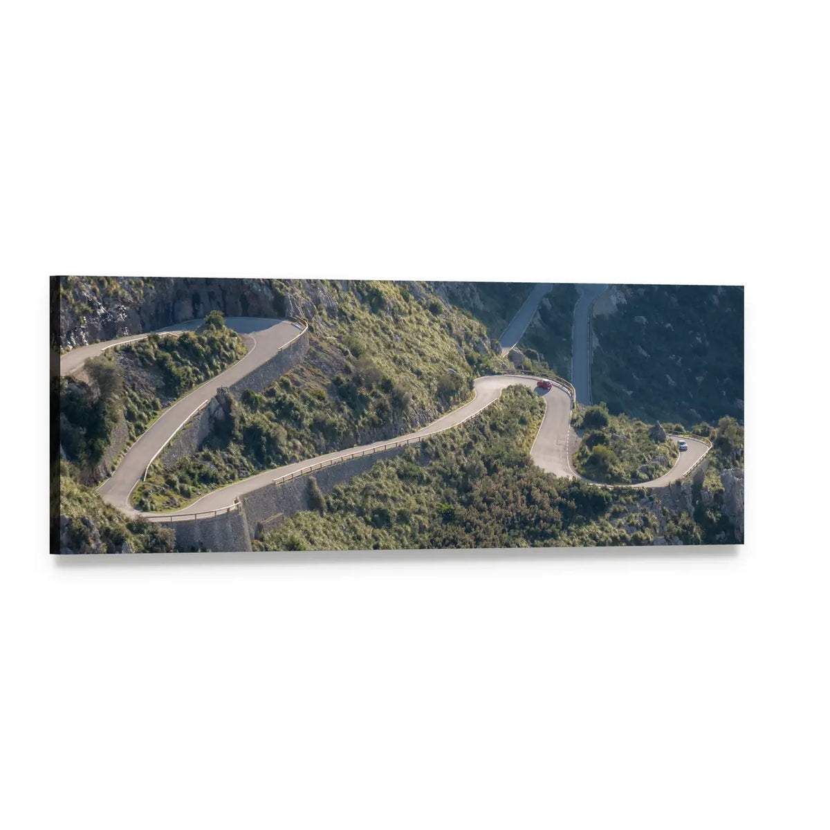 Winding Mountain Road with Stone Walls Panoramic Canvas Wall Art, single panel gallery wrapped canvas, angled product view
