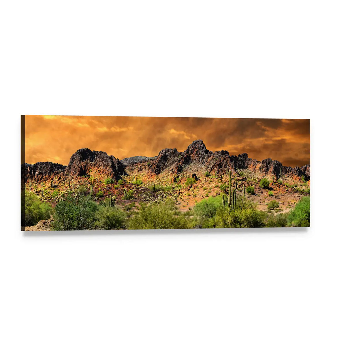 Saguaro and Desert Mountains at Sunset Panoramic Canvas Wall Art, single panel gallery wrapped canvas, angled product view