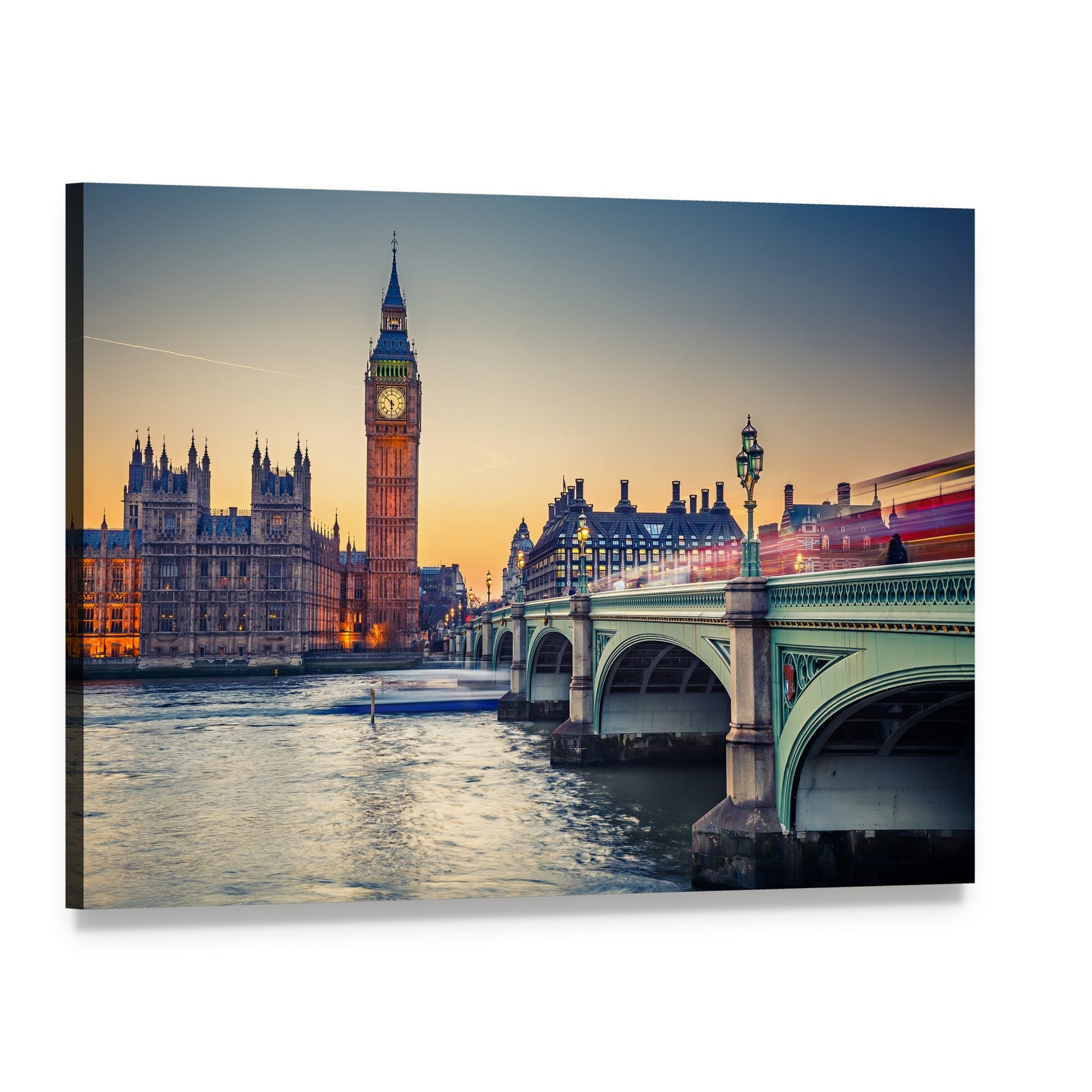 Big Ben and Houses of Parliament at Dusk Canvas Wall Art, single panel gallery wrapped canvas, angled product view