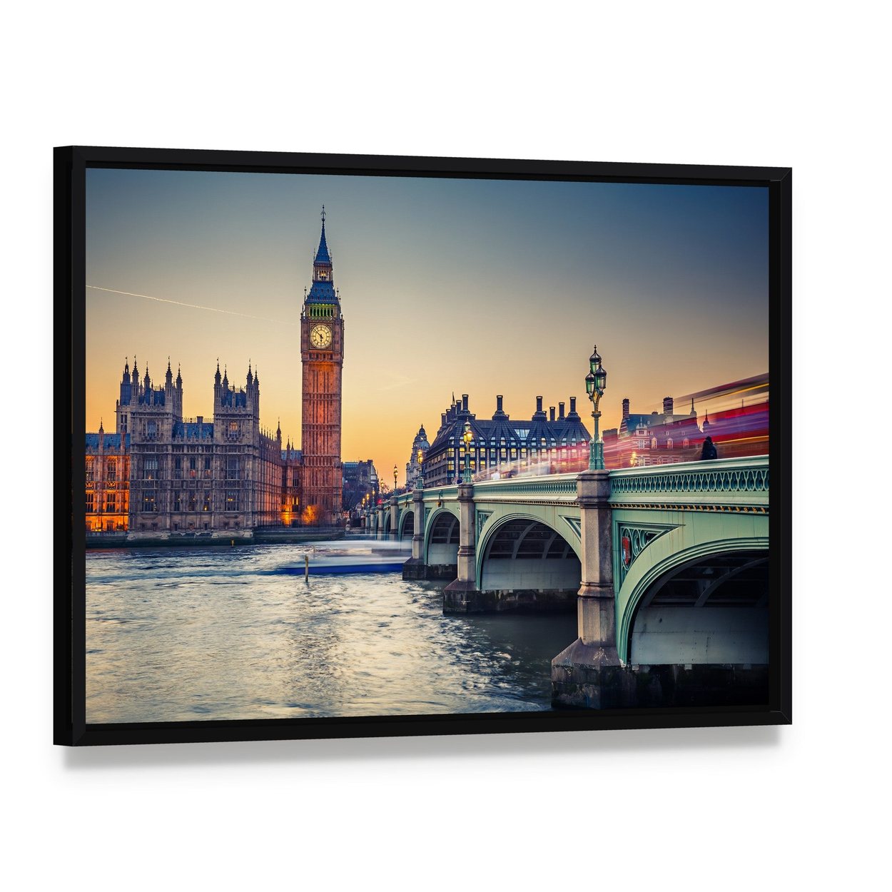 Big Ben and Houses of Parliament at Dusk Canvas Wall Art, framed canvas in a black floater frame, angled product view
