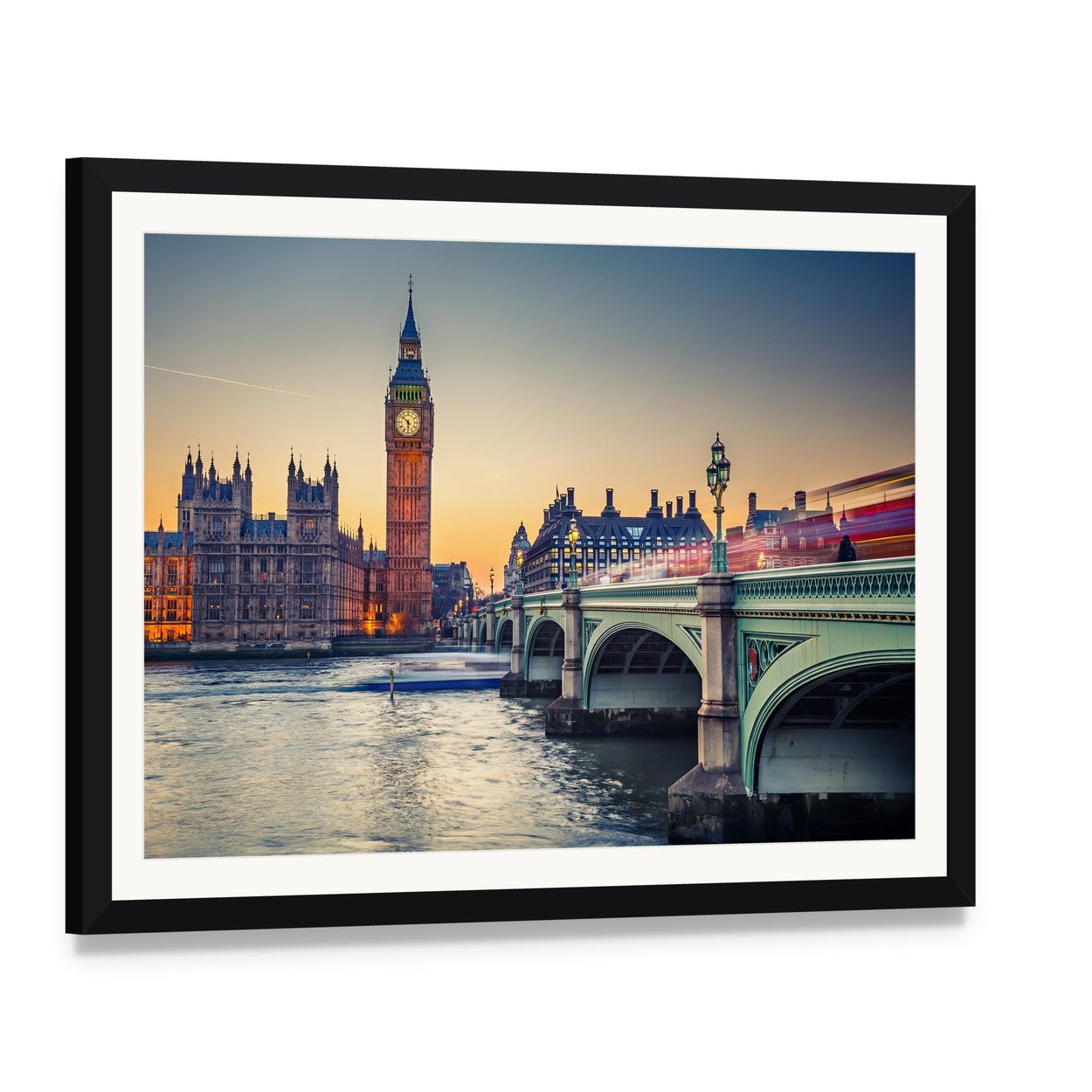 Big Ben and Houses of Parliament at Dusk Canvas Wall Art, framed print with white mat and black frame, angled product view
