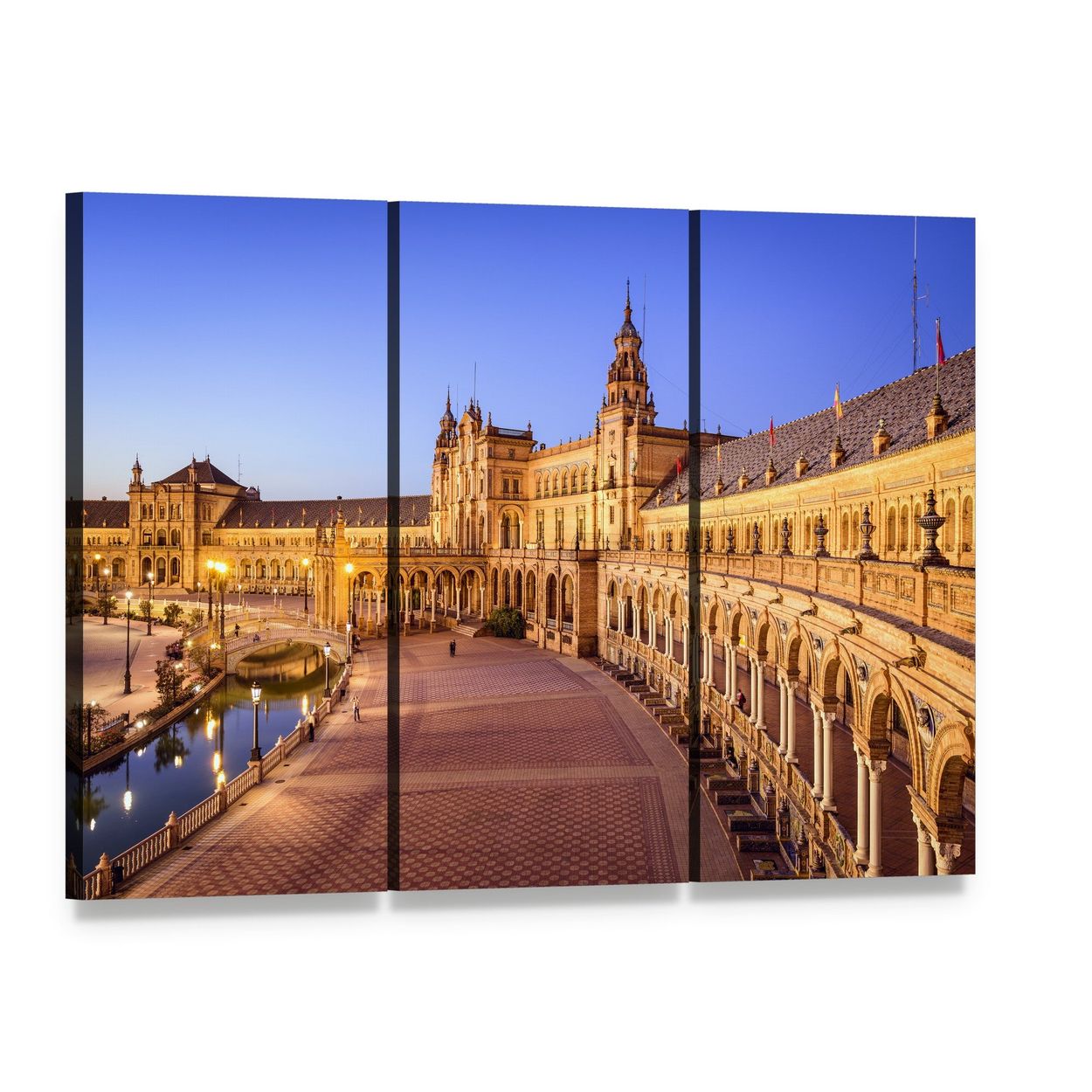 Plaza De España, Seville Canvas Wall Art, 3 panel 3 Horizontal layout gallery wrapped canvas set, angled product view