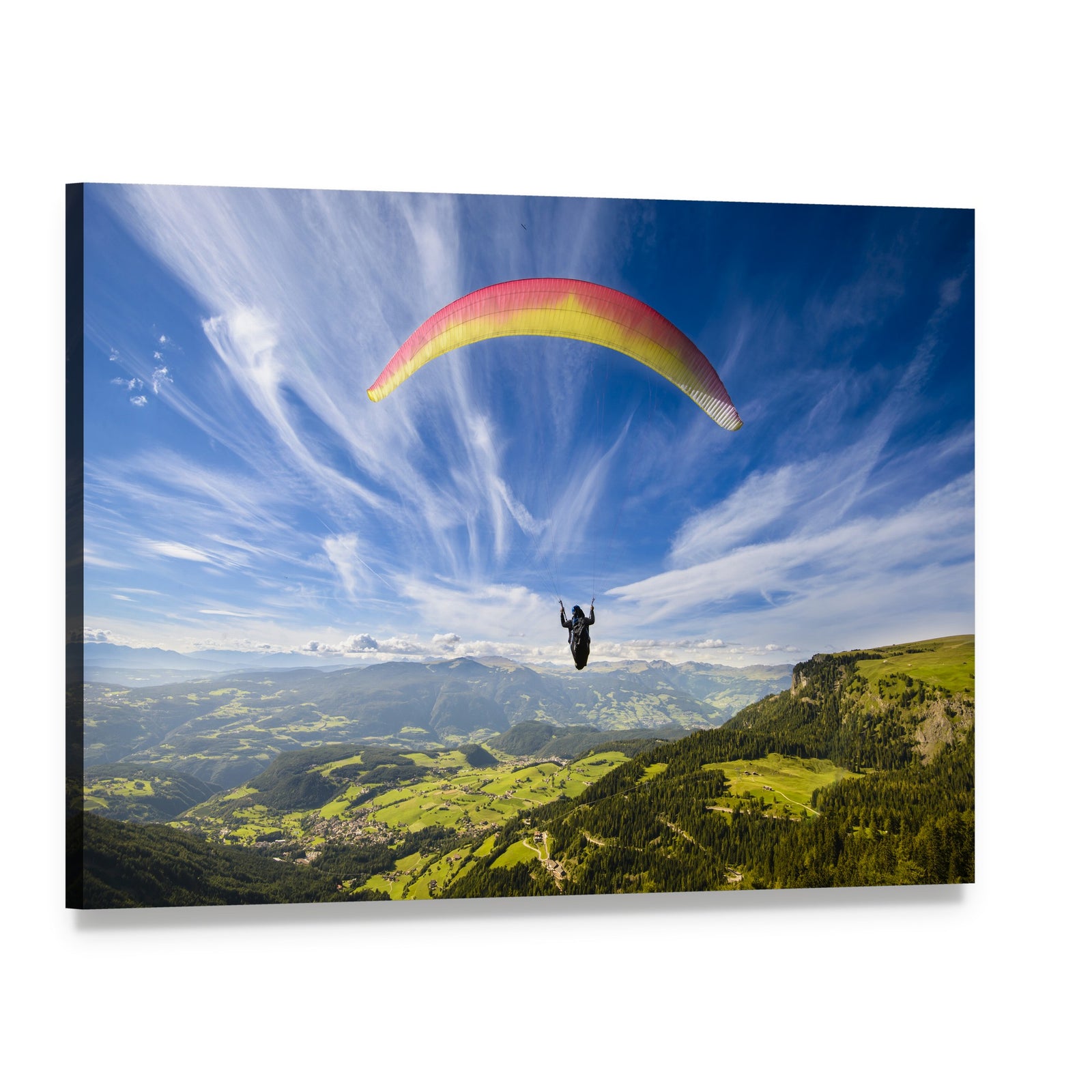 Paraglider Flying Over Mountains Canvas Wall Art, single panel gallery wrapped canvas, angled product view