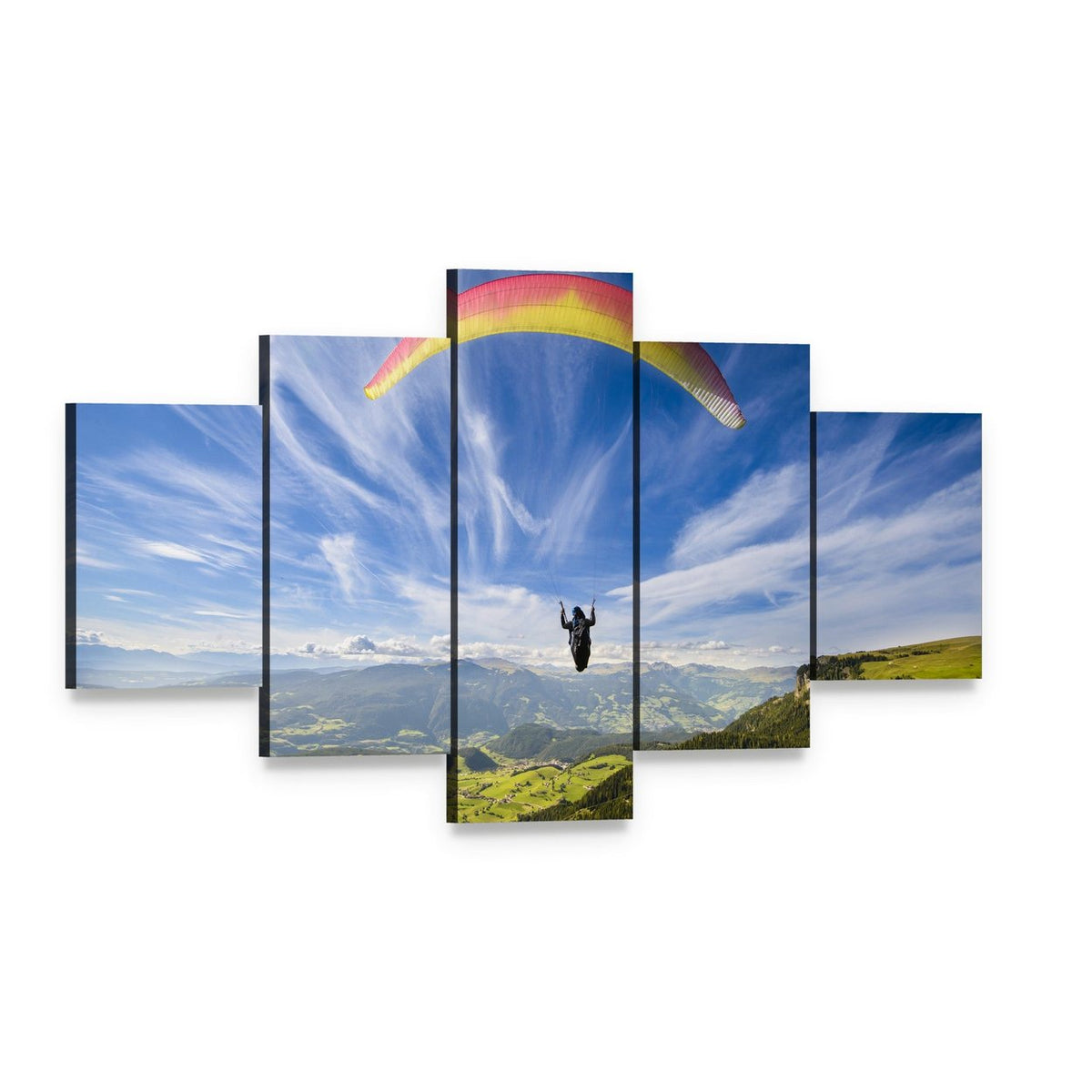 Paraglider Flying Over Mountains Canvas Wall Art, 5 panel 5 Star layout gallery wrapped canvas set, angled product view