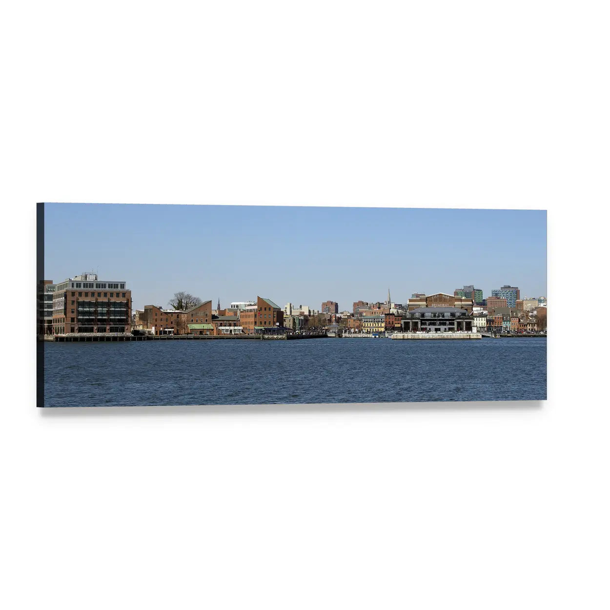 Baltimore Waterfront Cityscape Panoramic Canvas Wall Art, single panel gallery wrapped canvas, angled product view