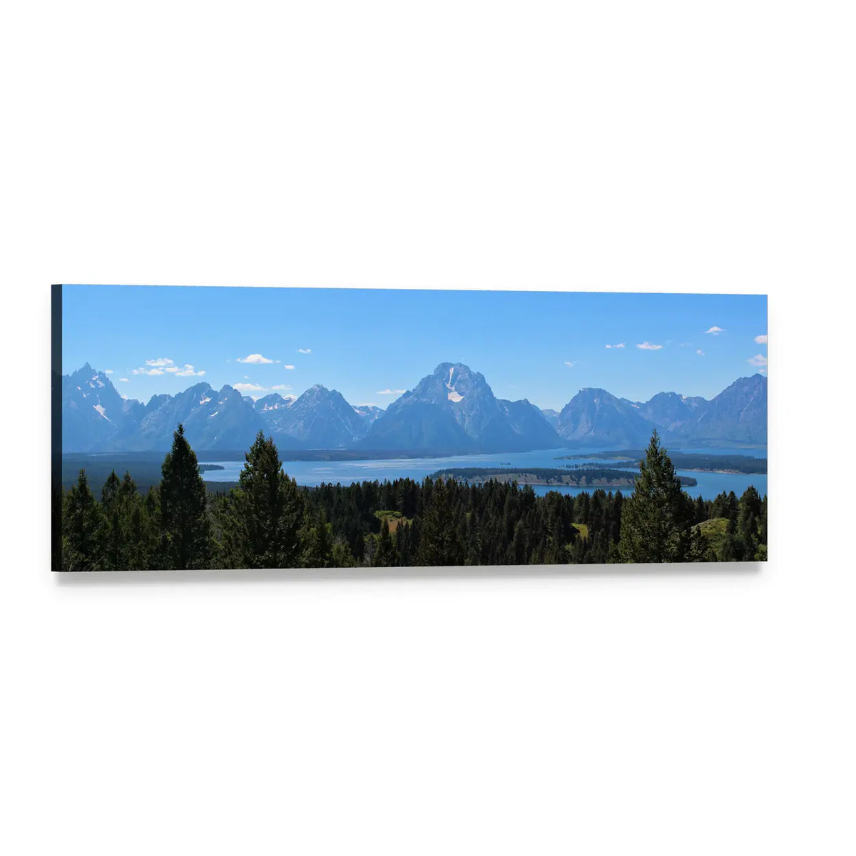 Pine Forest and Mountain Lake Panoramic Canvas Wall Art, single panel gallery wrapped canvas, angled product view