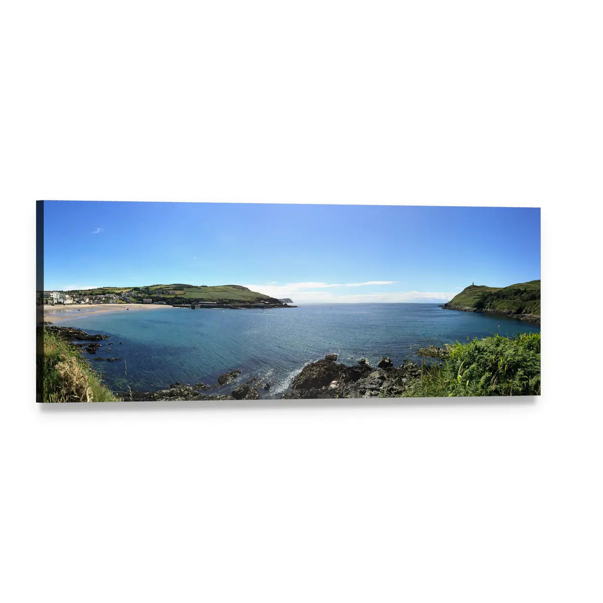 Port Erin Coastal Bay Seascape Panoramic Canvas Wall Art, single panel gallery wrapped canvas, angled product view