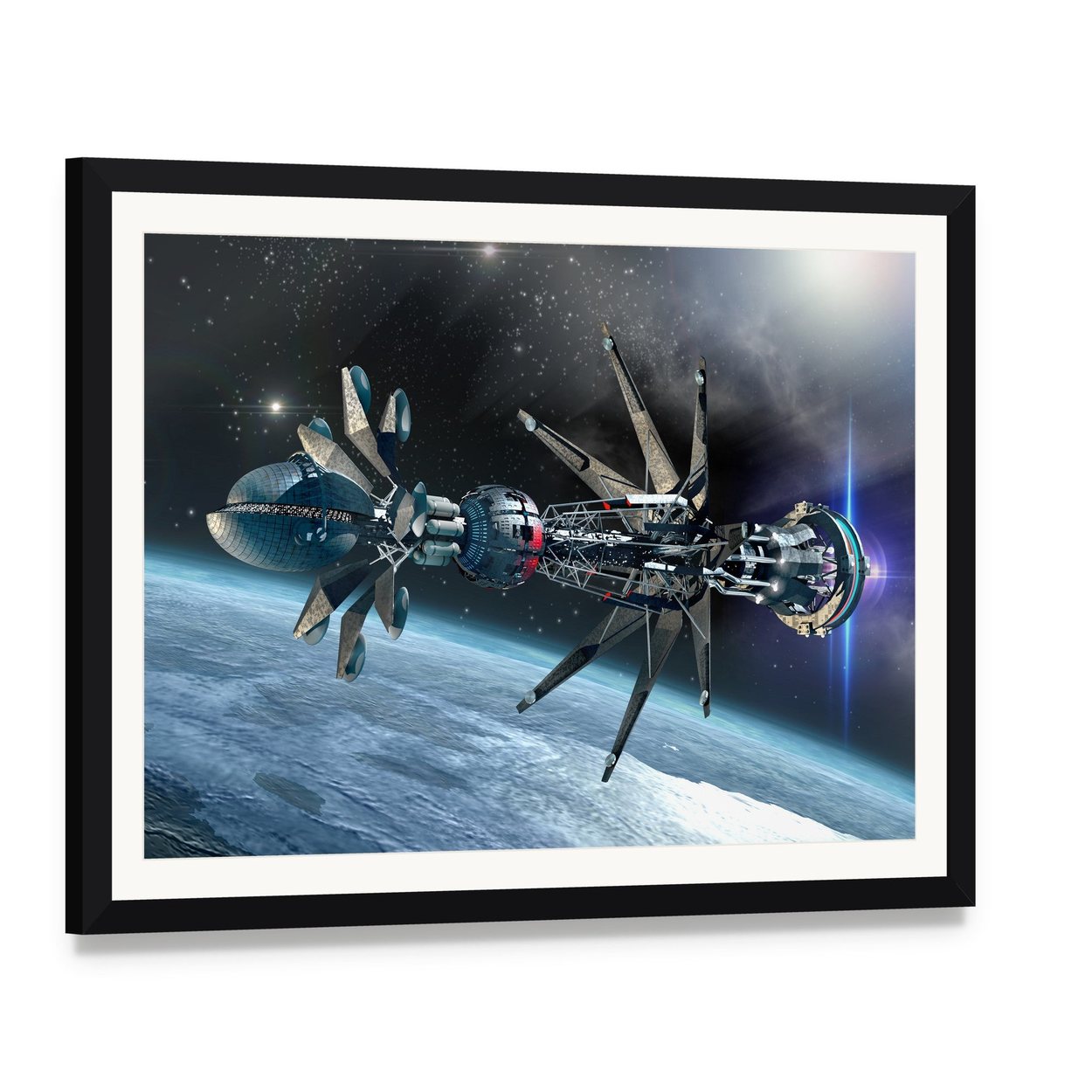 Spaceship with Warp Drive Canvas Wall Art, framed print with white mat and black frame, angled product view