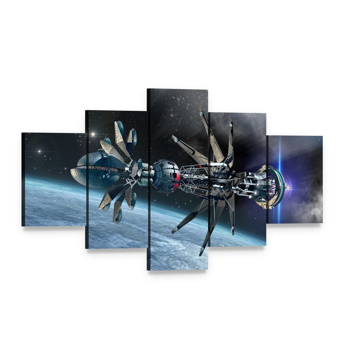 Spaceship with Warp Drive Canvas Wall Art, 5 panel 5 Star layout gallery wrapped canvas set, angled product view