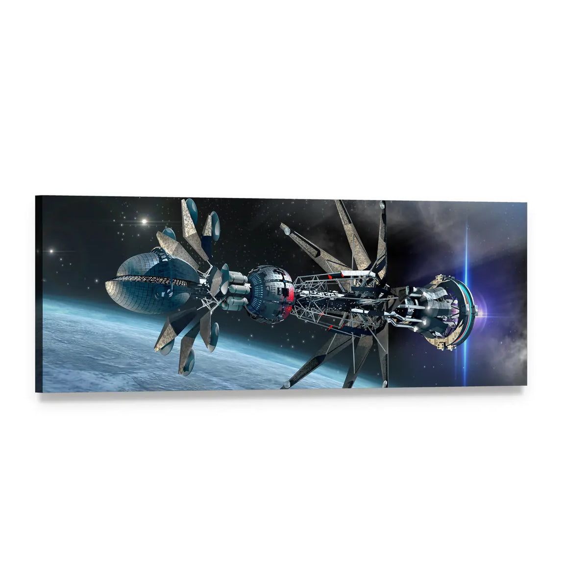 Futuristic Spacecraft Over Planet Horizon Panoramic Canvas Wall Art, single panel gallery wrapped canvas, angled product view