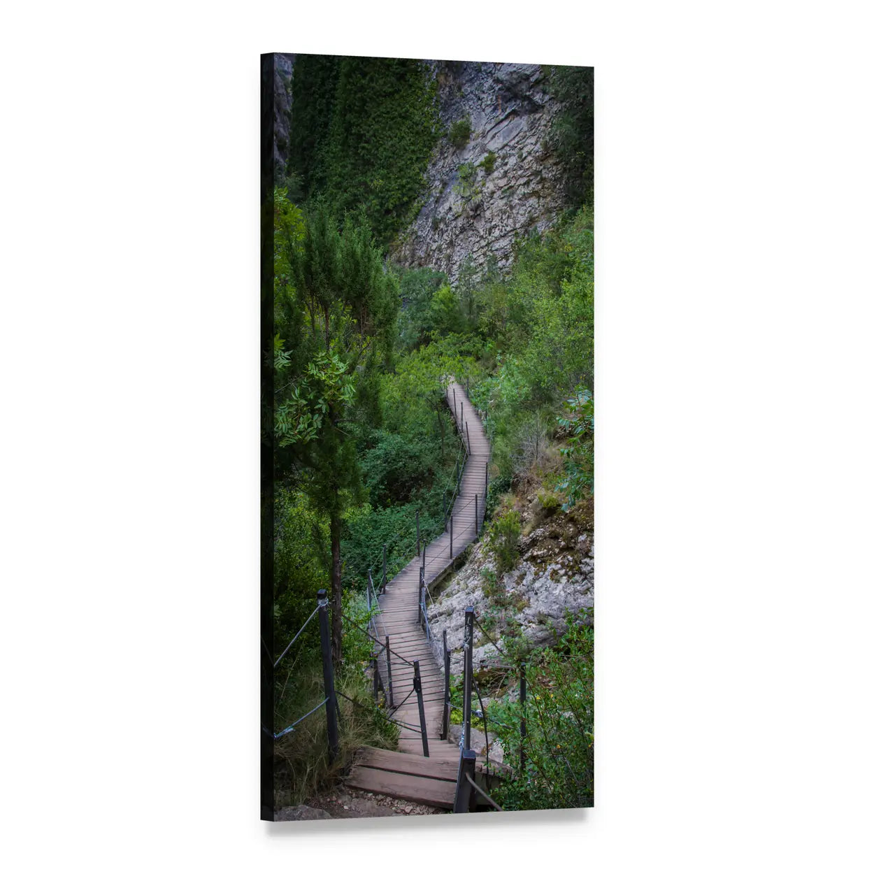 Wooden Boardwalk Through Lush Forest Path Vertical Canvas Wall Art, 1 panel 1 Vertical layout gallery wrapped canvas set, angled product view