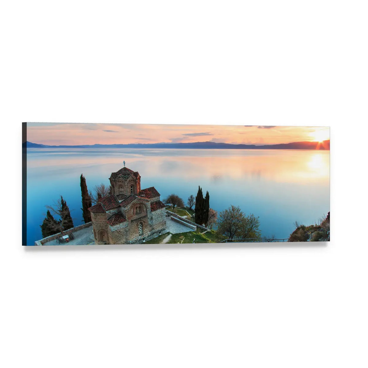 Sveti Jovan Kaneo Church on Lake Ohrid Panoramic Canvas Wall Art, single panel gallery wrapped canvas, angled product view