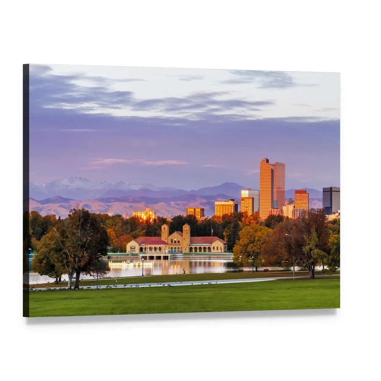 Denver Skyline at Sunset Canvas Wall Art, single panel gallery wrapped canvas, angled product view