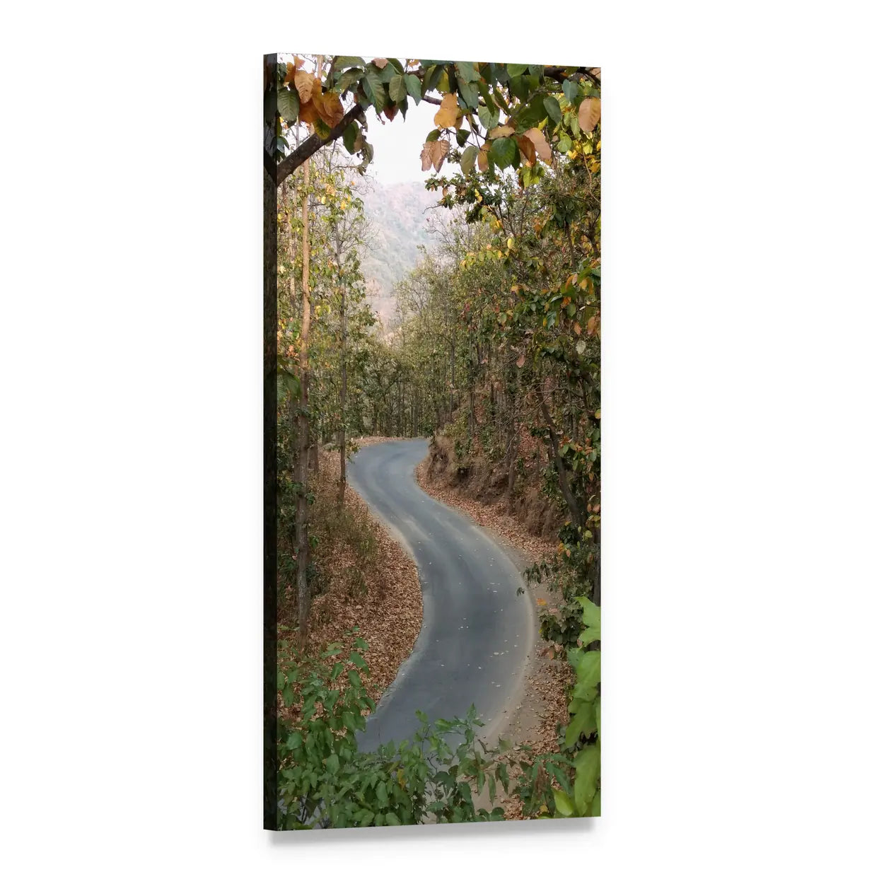 Winding Road Through Autumn Forest Vertical Canvas Wall Art, 1 panel 1 Vertical layout gallery wrapped canvas set, angled product view