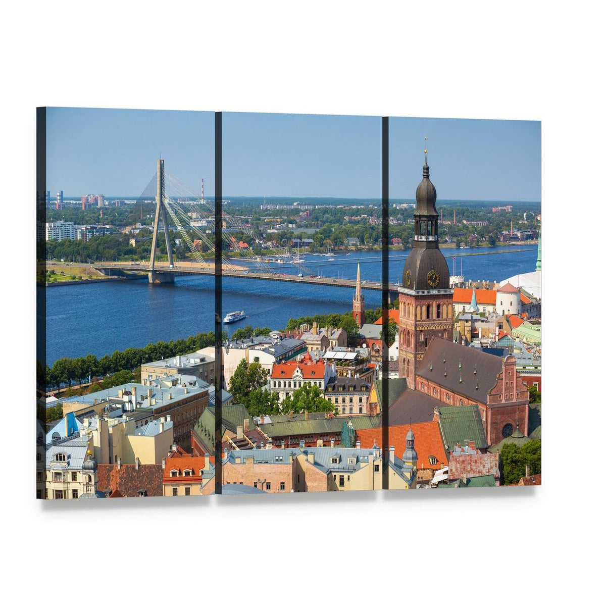 Aerial View of Riga Skyline Canvas Wall Art, 3 panel 3 Horizontal layout gallery wrapped canvas set, angled product view