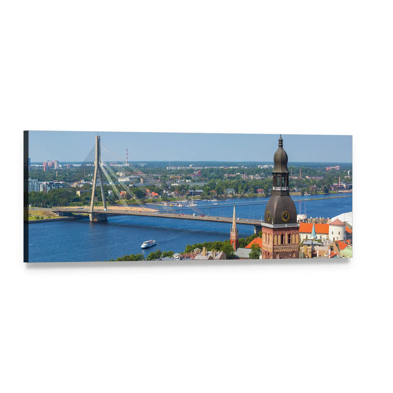 Riga River Skyline with Clock Tower Panoramic Canvas Wall Art, single panel gallery wrapped canvas, angled product view