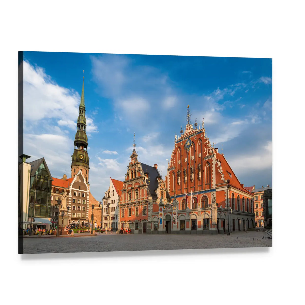 House of the Blackheads, Sunny Town Square Canvas Wall Art, single panel gallery wrapped canvas, angled product view
