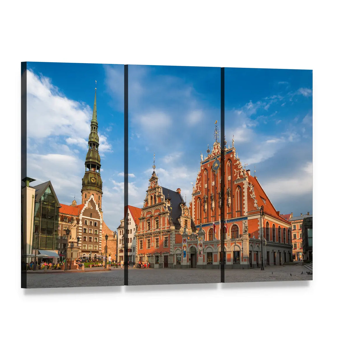 House of the Blackheads, Sunny Town Square Canvas Wall Art, 3 panel 3 Horizontal layout gallery wrapped canvas set, angled product view