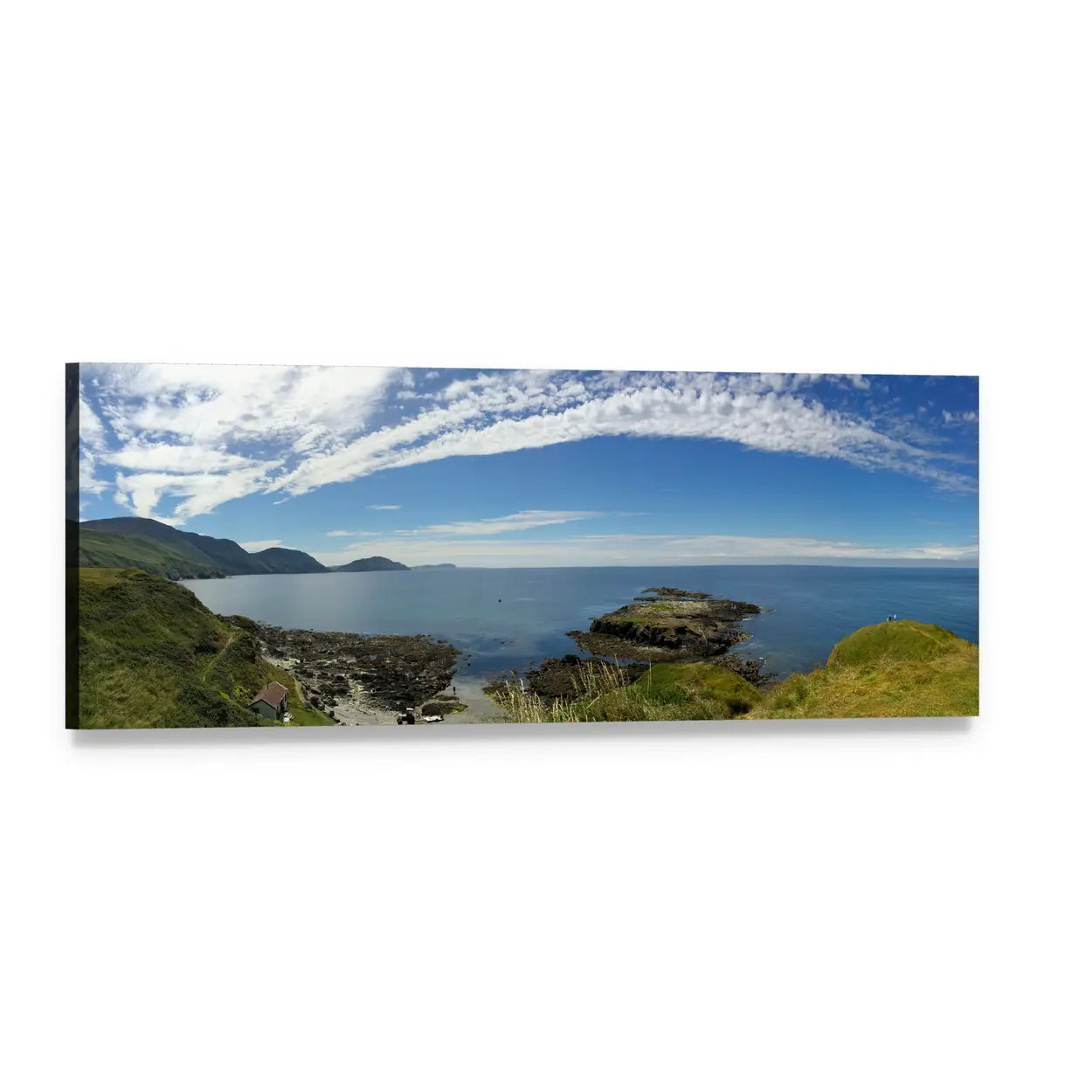 Wide-angle Rocky Coast Seascape Panoramic Canvas Wall Art, single panel gallery wrapped canvas, angled product view