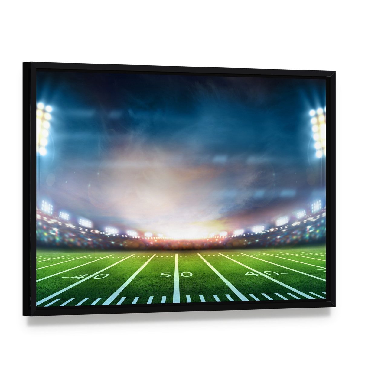 Stadium at Night Canvas Wall Art, framed canvas in a black floater frame, angled product view