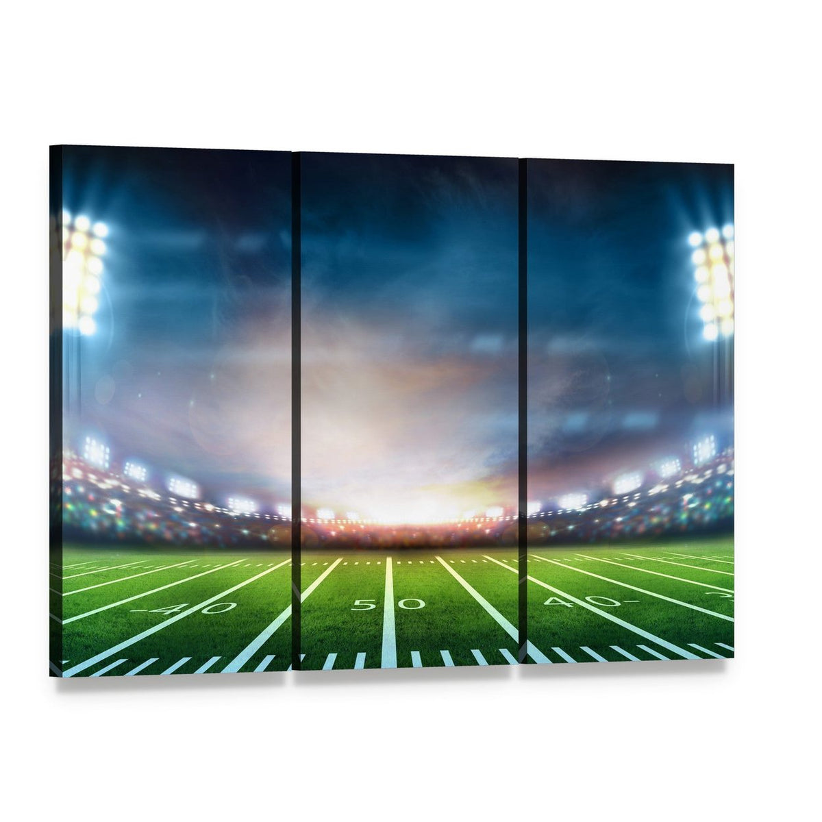 Stadium at Night Canvas Wall Art, 3 panel 3 Horizontal layout gallery wrapped canvas set, angled product view