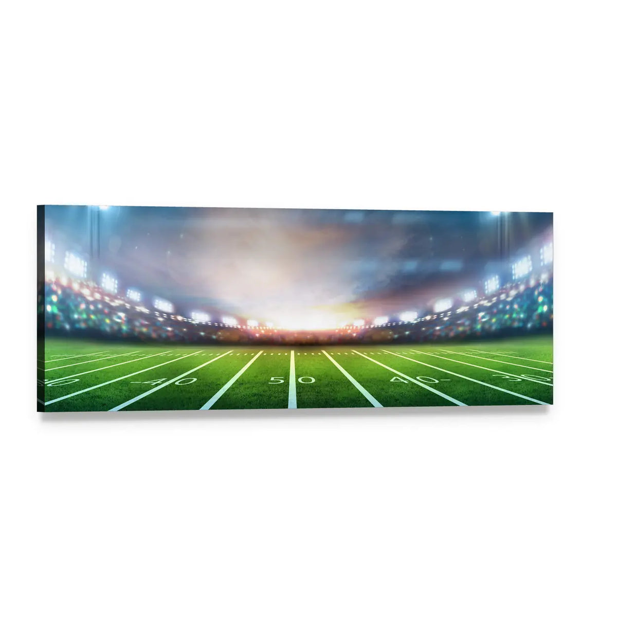 Football Stadium at Night Panoramic Canvas Wall Art, single panel gallery wrapped canvas, angled product view