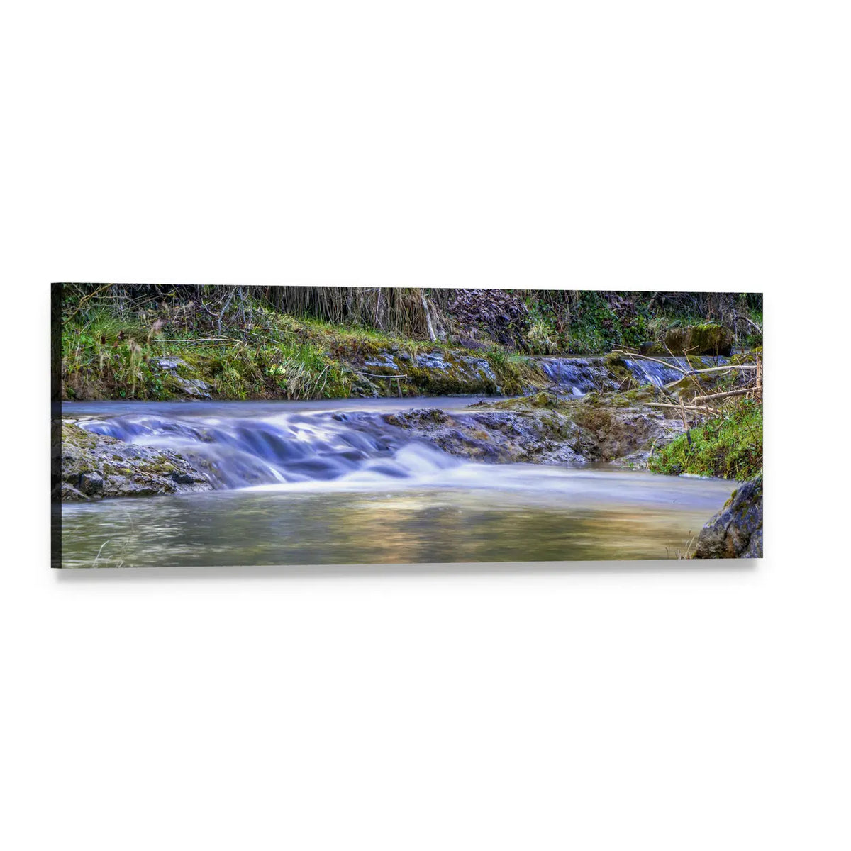 Silky Forest Stream with Small Waterfall Panoramic Canvas Wall Art, single panel gallery wrapped canvas, angled product view