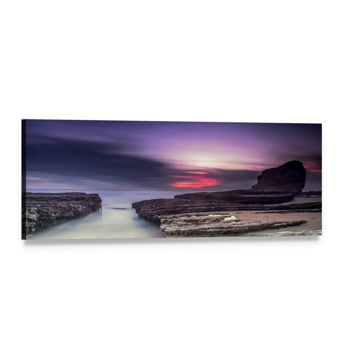 Misty Coastal Cliffs at Sunset Panoramic Canvas Wall Art, single panel gallery wrapped canvas, angled product view