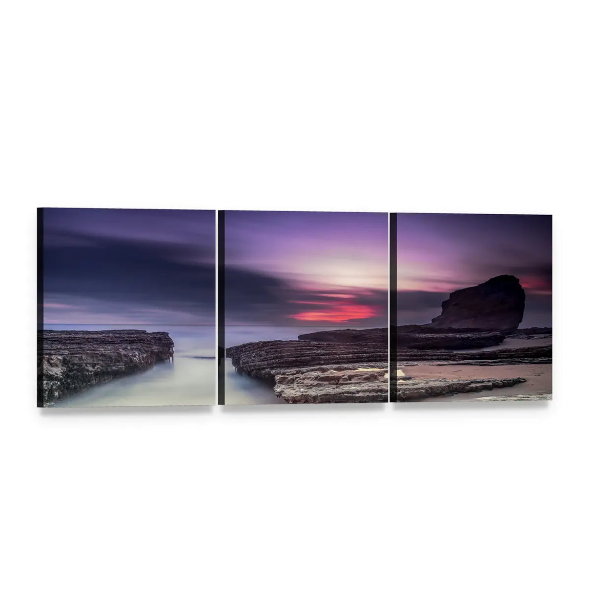 Misty Coastal Cliffs at Sunset Panoramic Canvas Wall Art, 3 panel 3 Piece layout gallery wrapped canvas set, angled product view