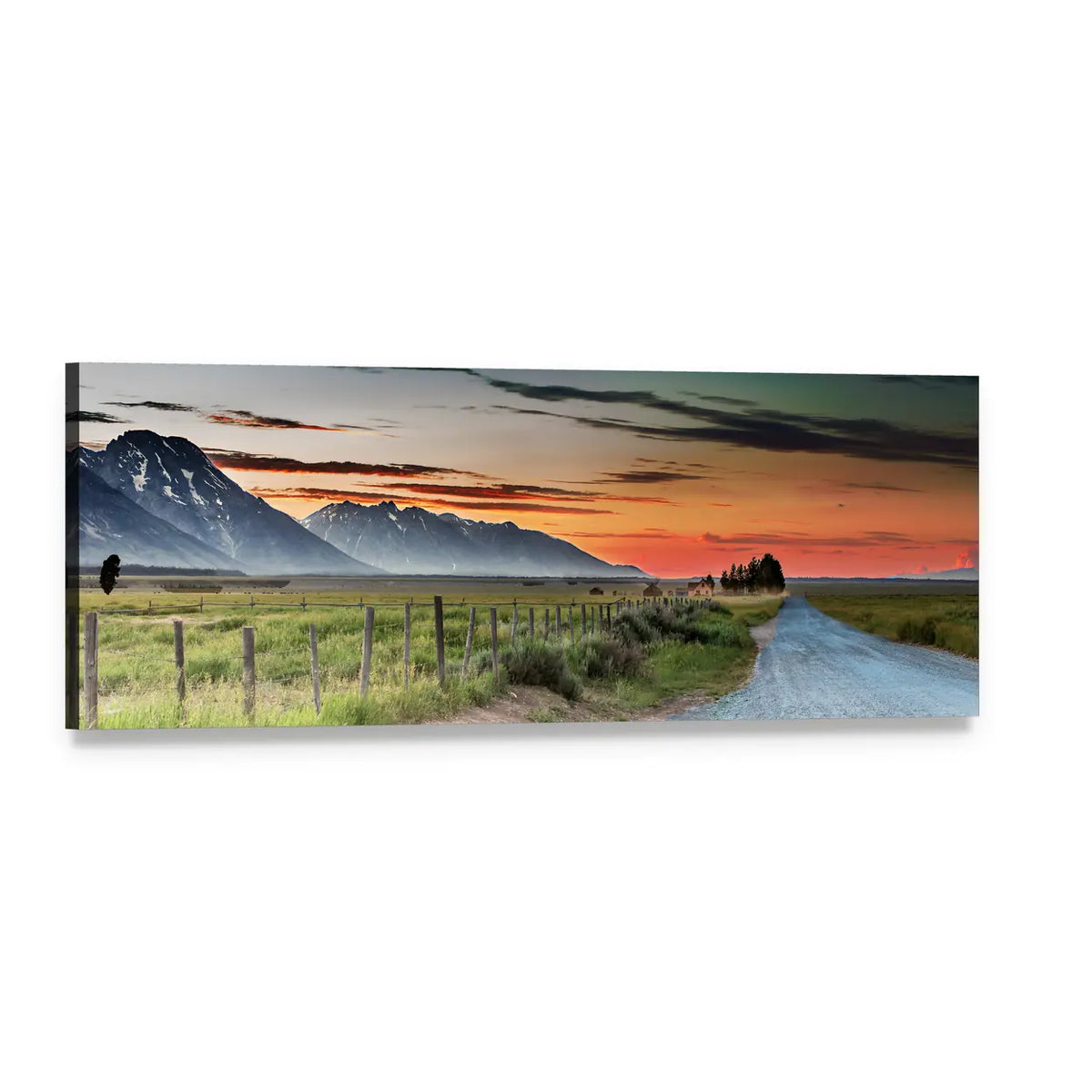 Winding Road to Snow-capped Mountains Panoramic Canvas Wall Art, single panel gallery wrapped canvas, angled product view