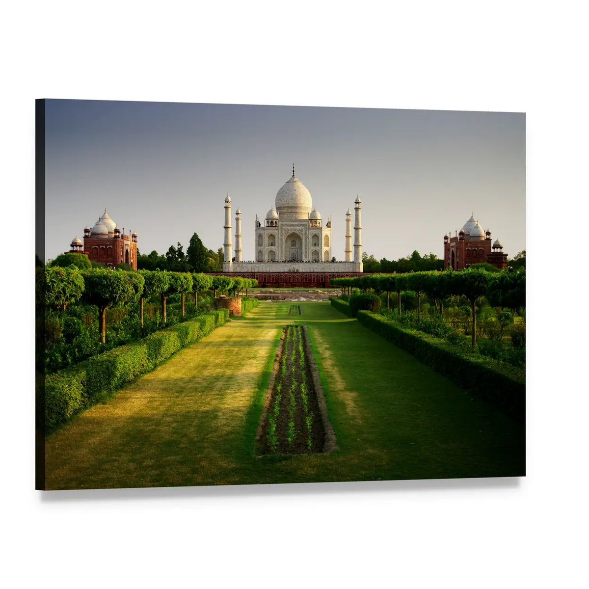 Taj Mahal from the Gardens Canvas Wall Art, single panel gallery wrapped canvas, angled product view