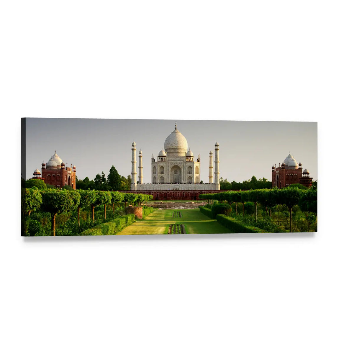 Taj Mahal from the Gardens Panoramic Canvas Wall Art, single panel gallery wrapped canvas, angled product view