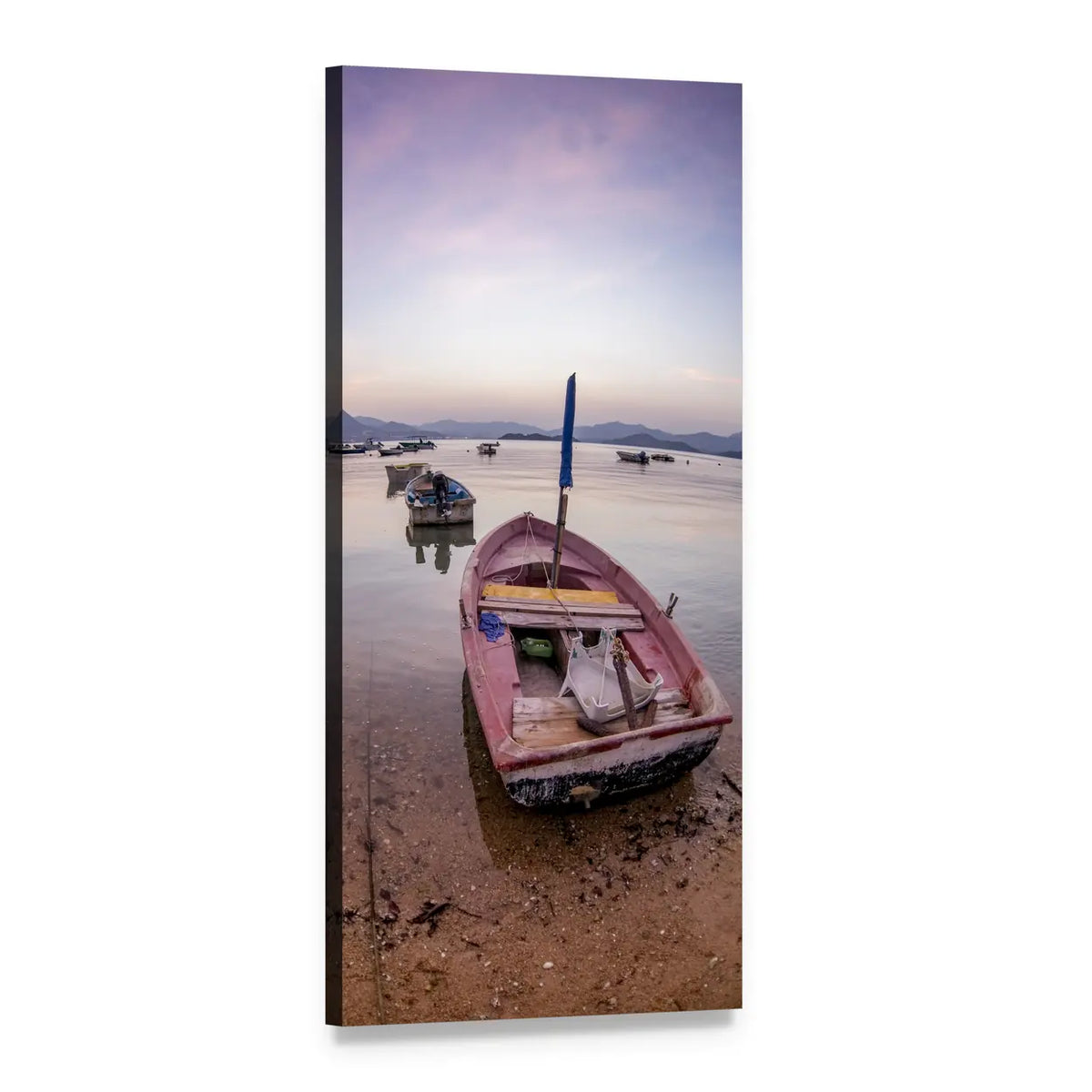 Pink Rowboat on Sandy Shore at Sunset Vertical Canvas Wall Art, 1 panel 1 Vertical layout gallery wrapped canvas set, angled product view