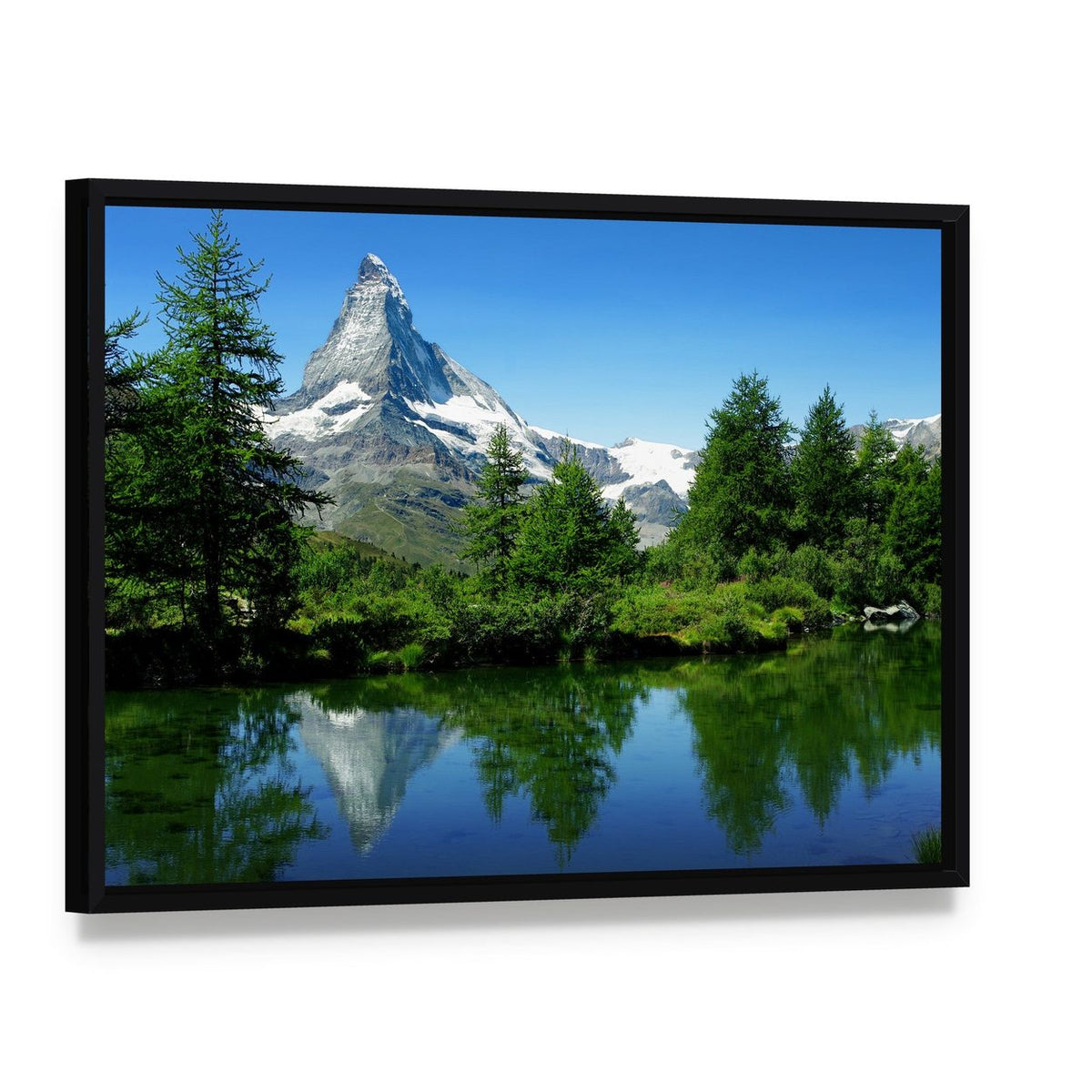 Matterhorn and Alpine Lake Reflection Canvas Wall Art, framed canvas in a black floater frame, angled product view