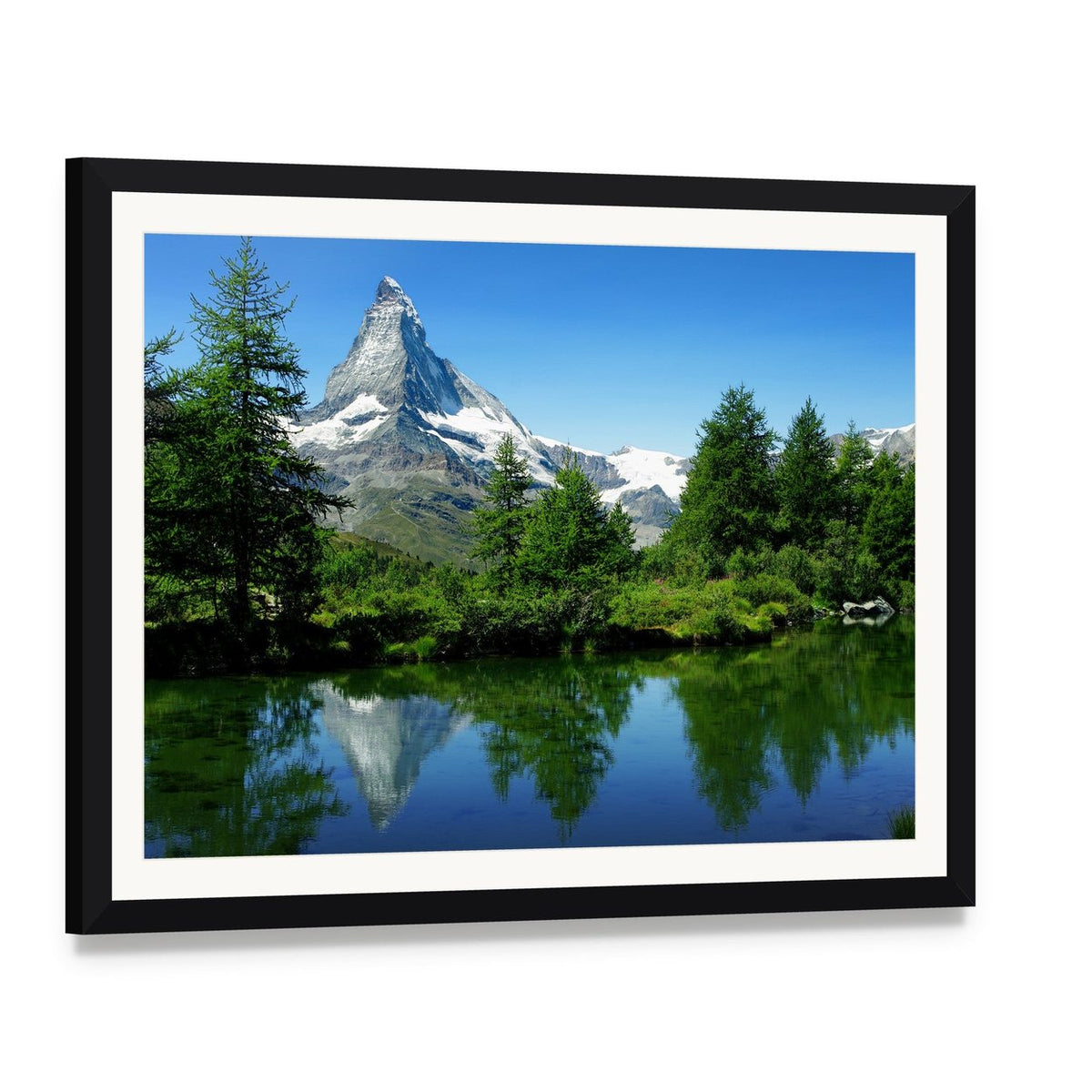 Matterhorn and Alpine Lake Reflection Canvas Wall Art, framed print with white mat and black frame, angled product view