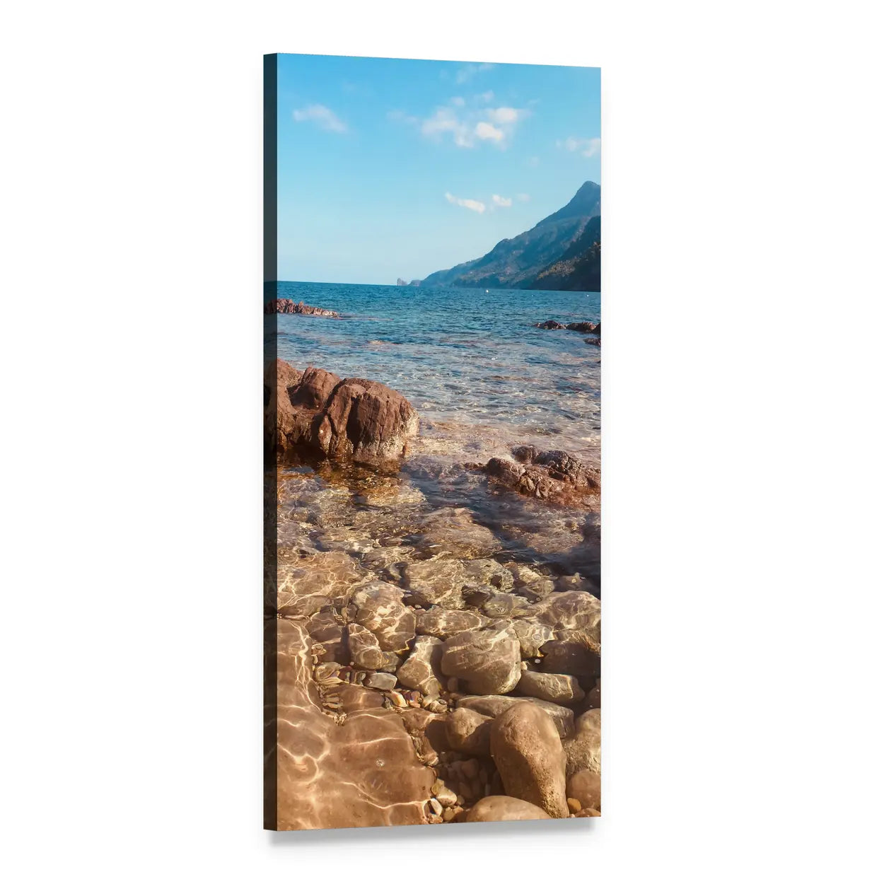 Crystal Turquoise Pebbled Coastline with Mountains Vertical Canvas Wall Art, 1 panel 1 Vertical layout gallery wrapped canvas set, angled product view