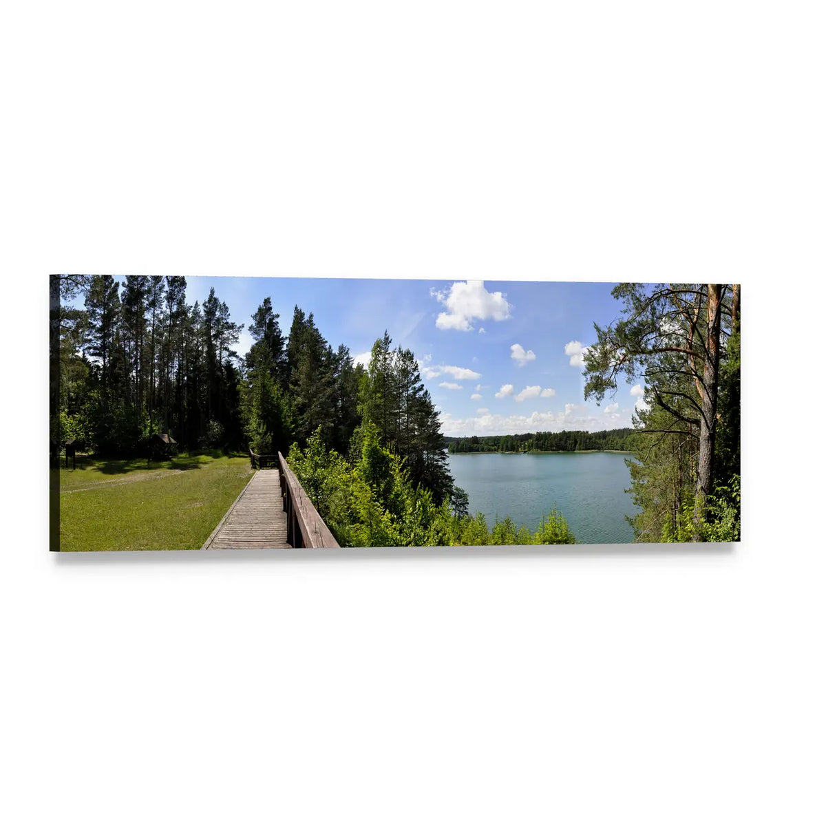 Wooden Bridge Leading to Forest Lake Panoramic Canvas Wall Art, single panel gallery wrapped canvas, angled product view