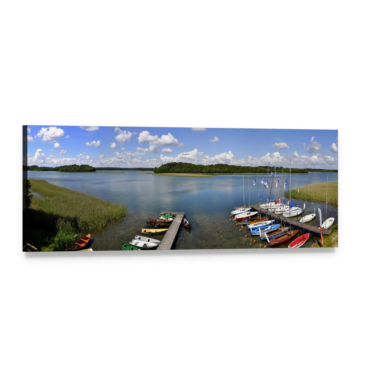 Colorful Rowboats by a Lake Dock Panoramic Canvas Wall Art, single panel gallery wrapped canvas, angled product view