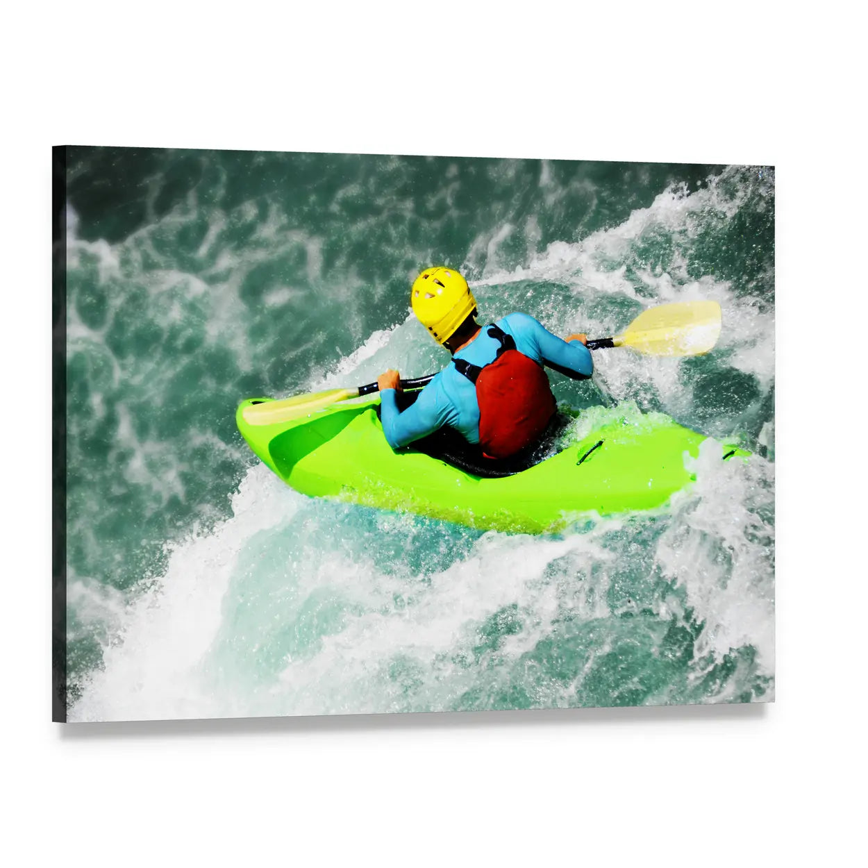Extreme Fall Kayaking Canvas Wall Art, single panel gallery wrapped canvas, angled product view